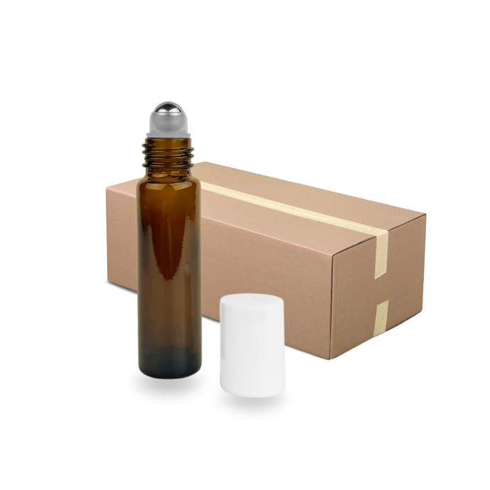 Amber Glass Roller Bottle - 10ml - White Cap - Stainless Steel Roller (Full Carton of 300)