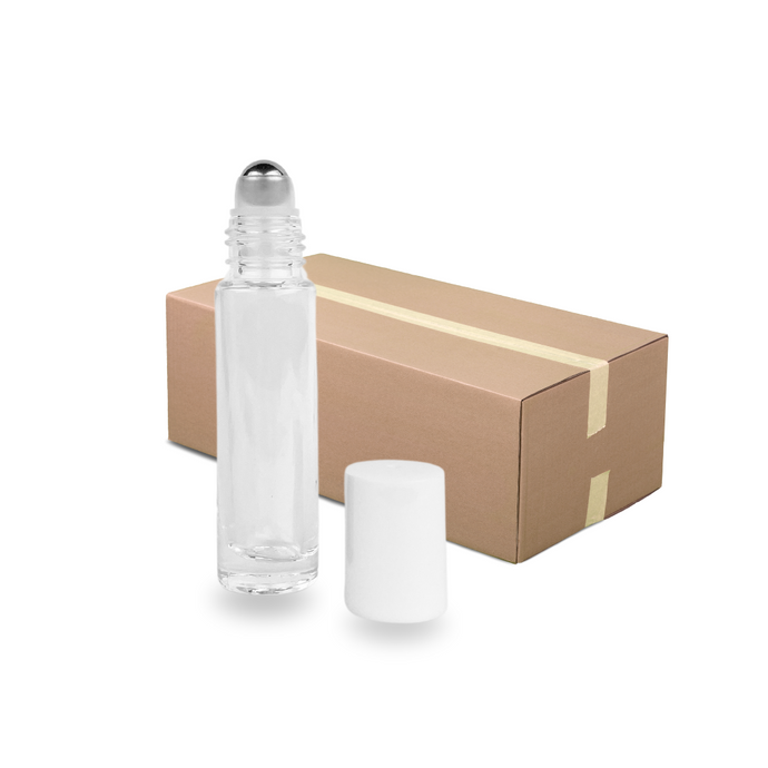 Clear Glass Roller Bottle - 10ml - White Cap - Stainless Steel Roller (Full Carton of 300)