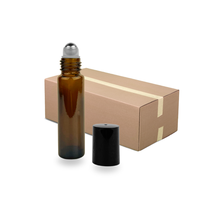 Amber Glass Roller Bottle - 10ml - Black Cap - Stainless Steel Roller (Full Carton of 300)