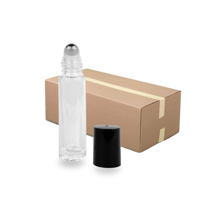 Clear Glass Roller Bottle - 10ml - Black Cap - Stainless Steel Roller (Full Carton of 300)