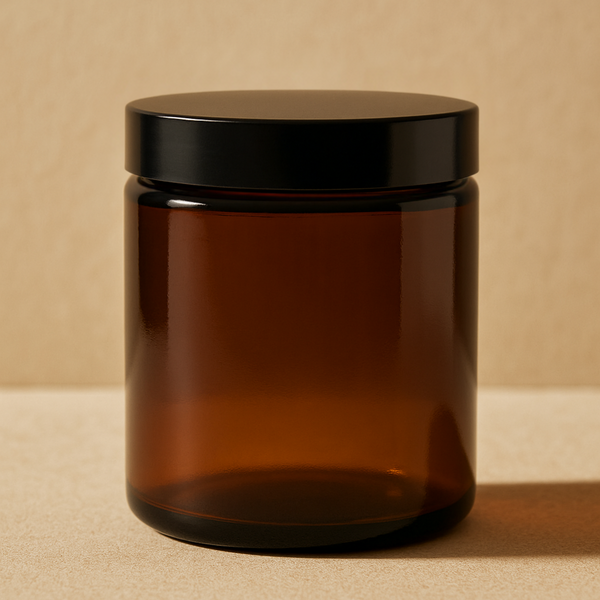 Amber Glass Jar with a Black Cap on  a beige background