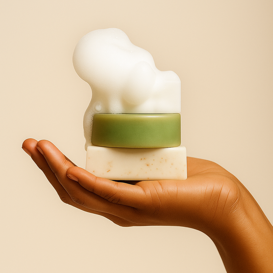 Hand holding a stack of three soaps with a beige background