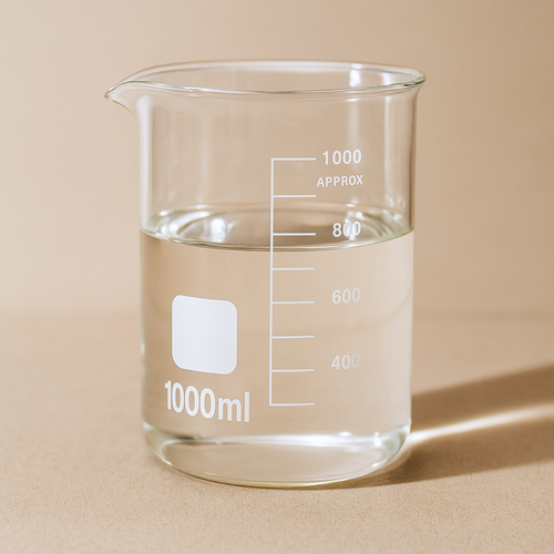 1L glass beaker with measurement markings on a beige background