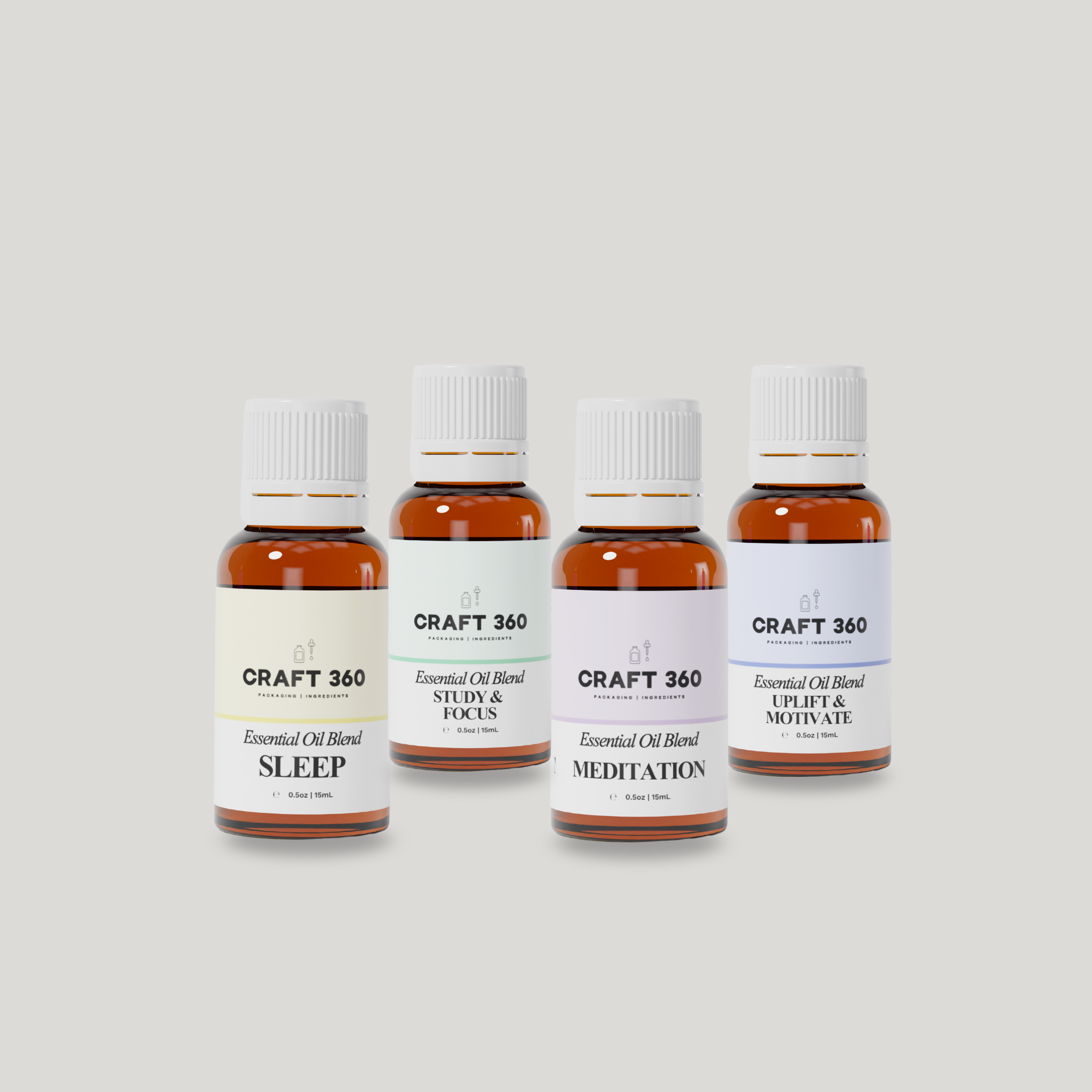 Four bottles of Craft 360 essential oil blends. Sleep, Study & Focus, Meditation and Uplift & Motivate.