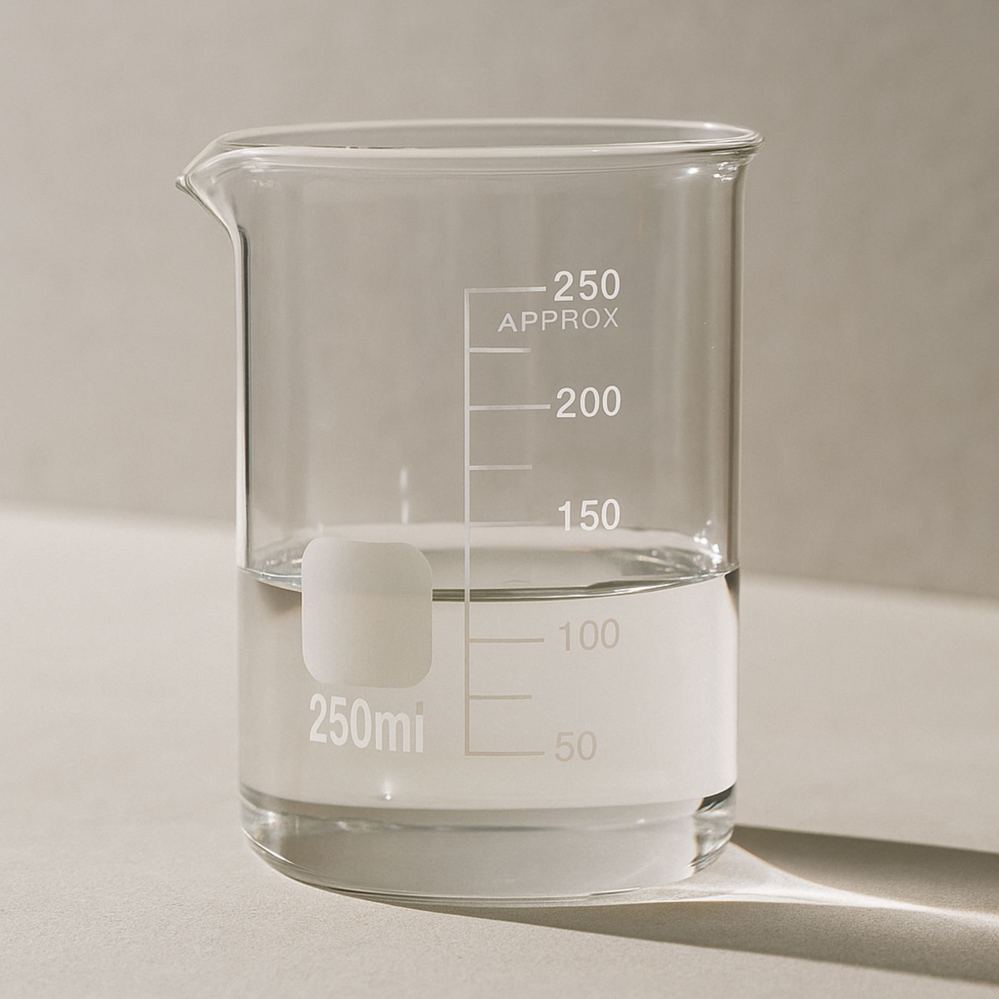 250ml Clear glass beaker with measurement markings on a neutral background