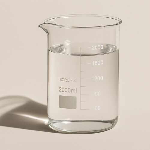 2L Clear glass beaker with water and measurement markings on a beige background