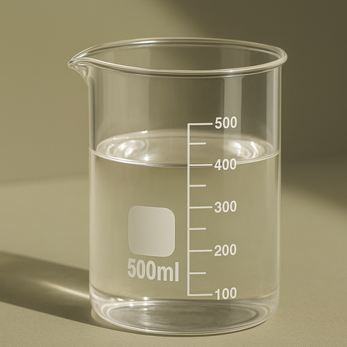 Clear 1000ml glass beaker with measurement markings on an olive green background