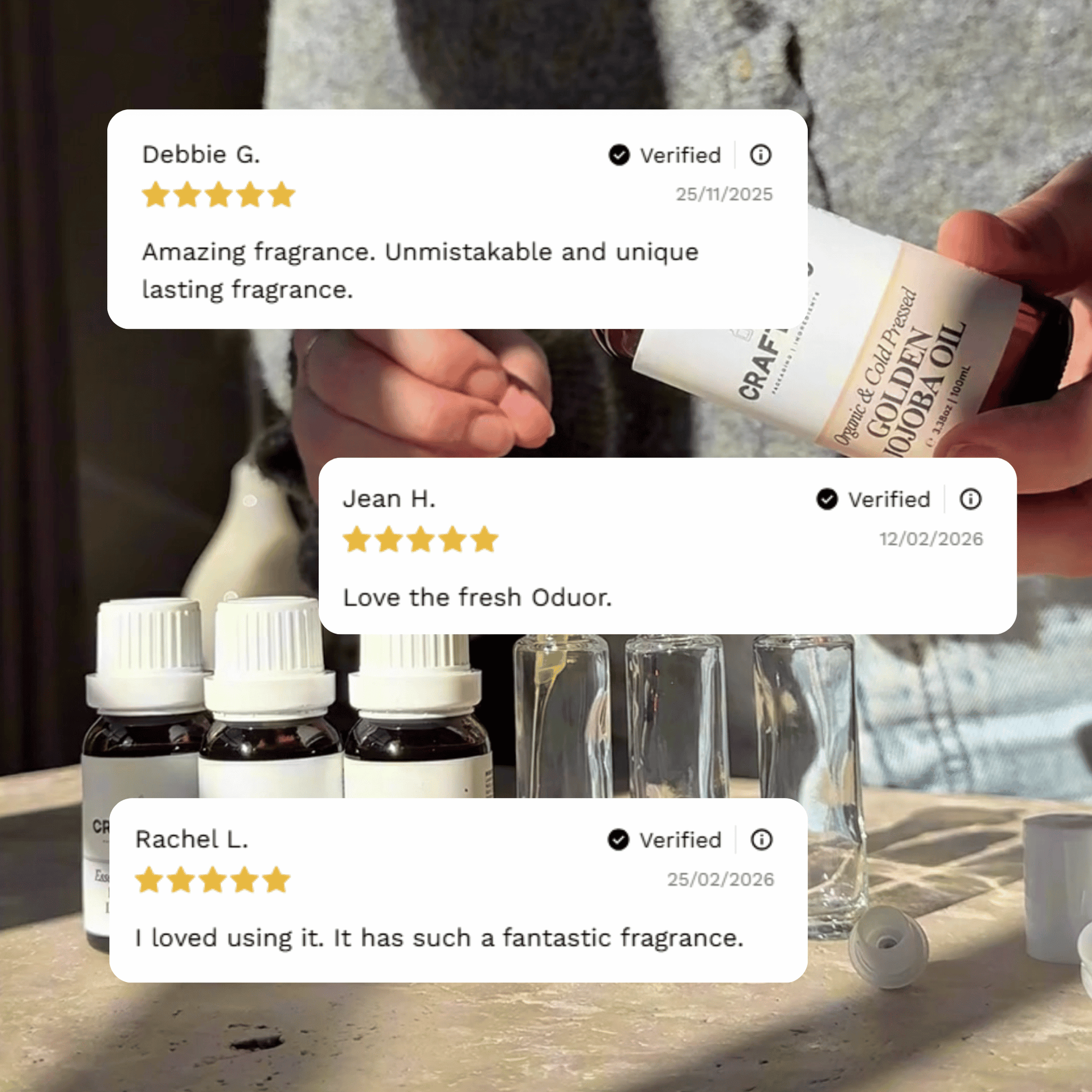 Customer reviews highlighting experiences with Craft 360's Australian Bush Blend Essential Oil.