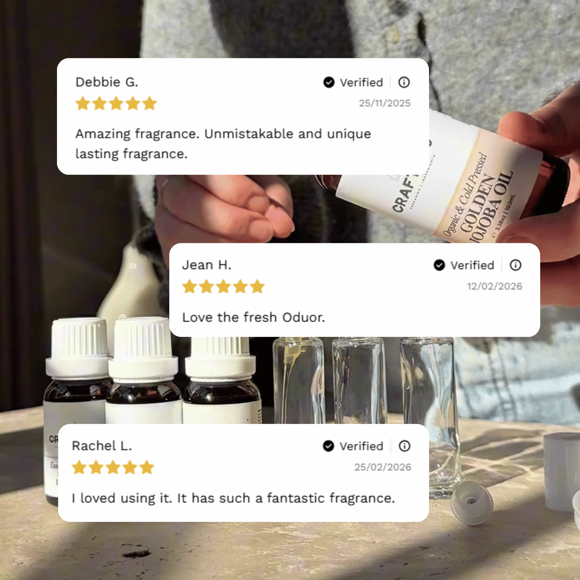 Customer reviews highlighting experiences with Craft 360's Australian Bush Blend Essential Oil.
