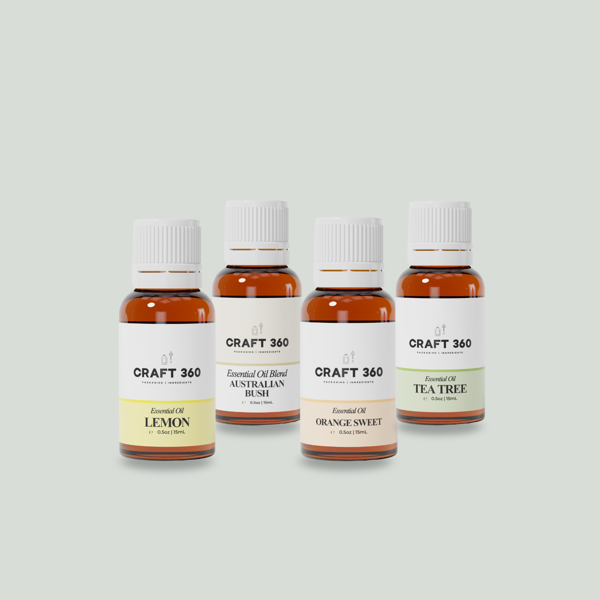 A collection of 4 bottles of Essential Oils from Craft 360 for clean air. Lemon, Australian Bush Blend, Tea Tree, Orange.