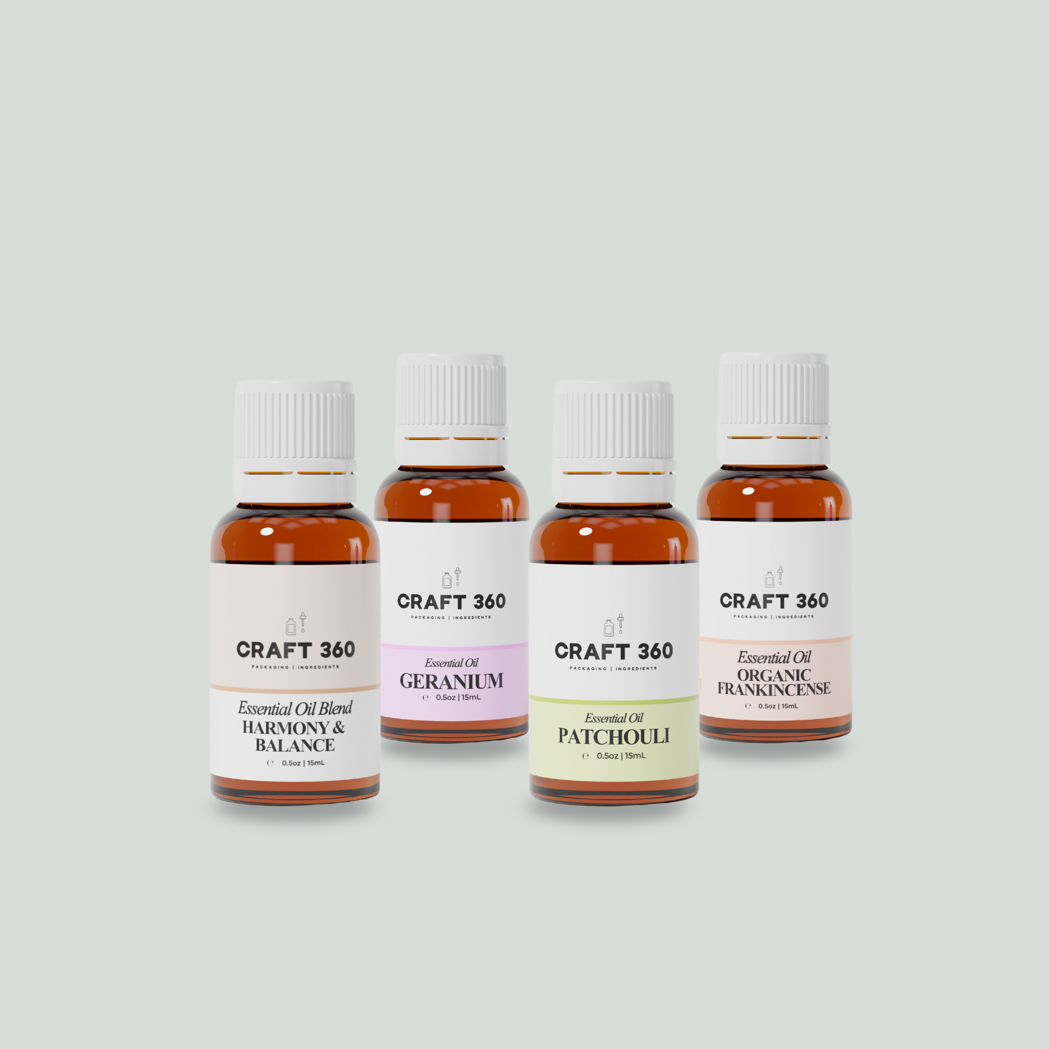 A collection of 4 bottles of Essential Oils from Craft 360. Harmony & Balance, Geranium, Patchouli, Frankincense