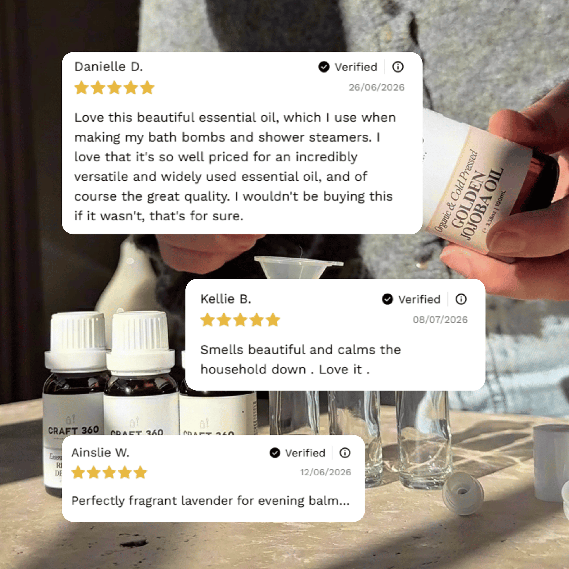 Customer reviews highlighting experiences with Craft 360's Lavender Essential Oil.
