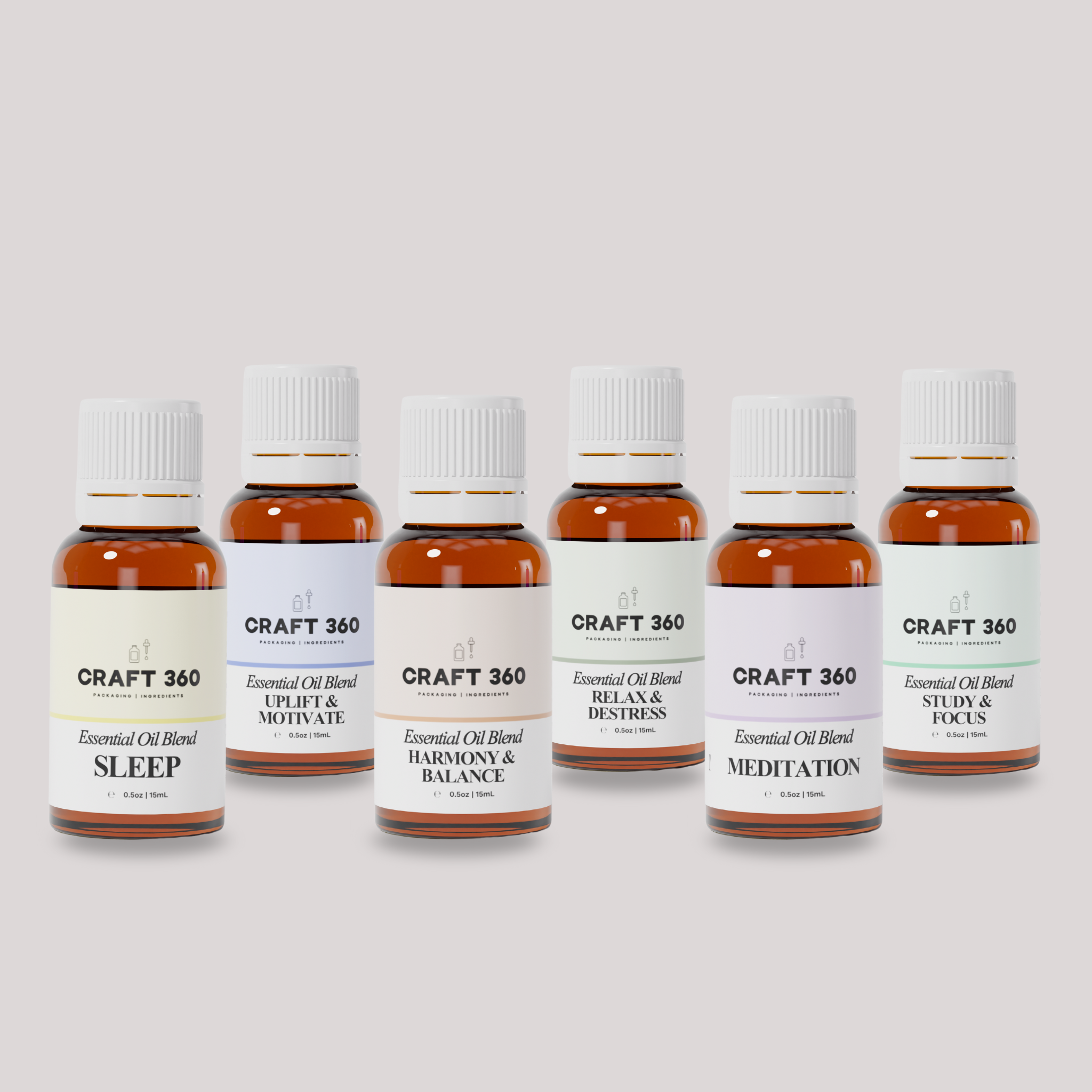 A collection of 6 bottles of Essential Oils from Craft 360 for the mind.