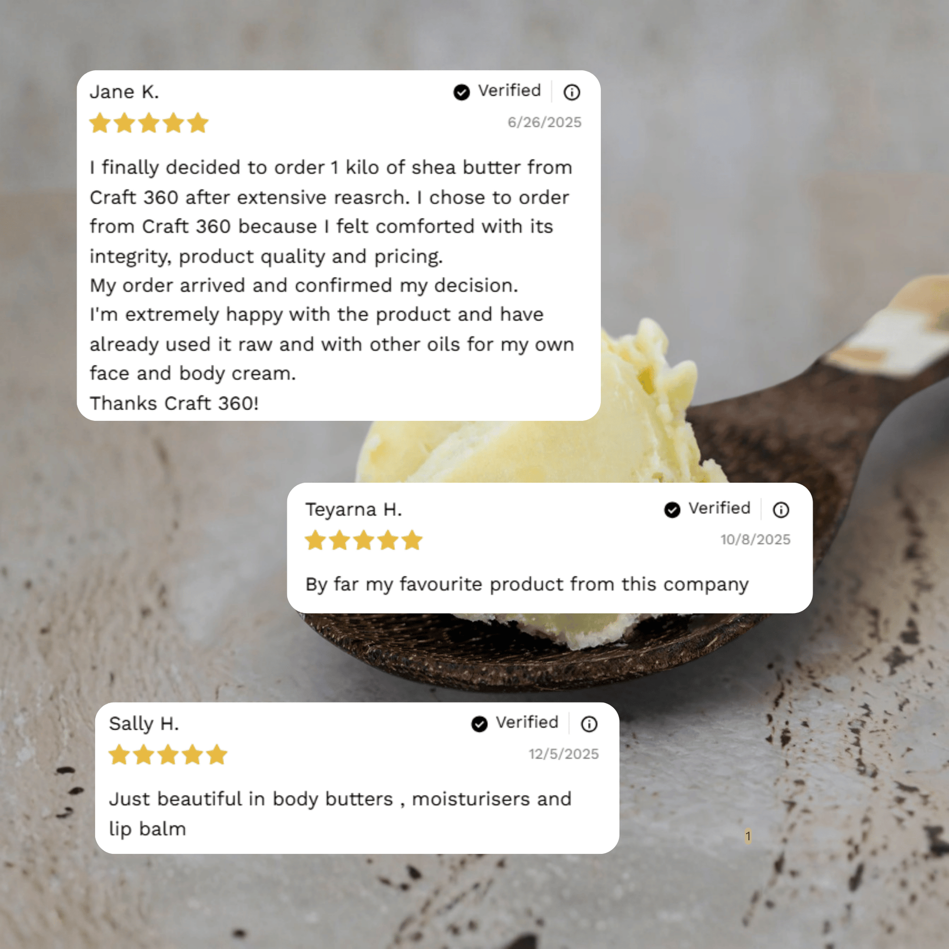 infographic showing the reviews of organic shea butter from craft 360