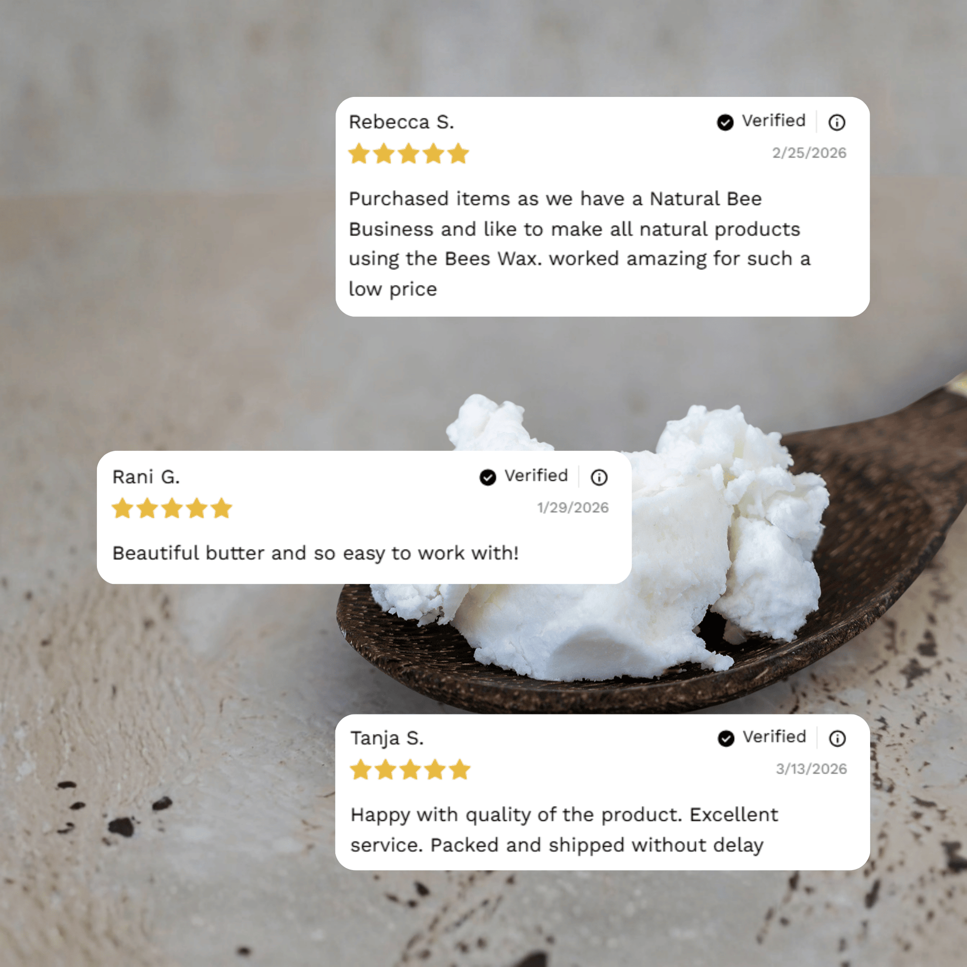 Customer reviews highlighting experiences with Craft 360's Refined Organic Shea Butter.