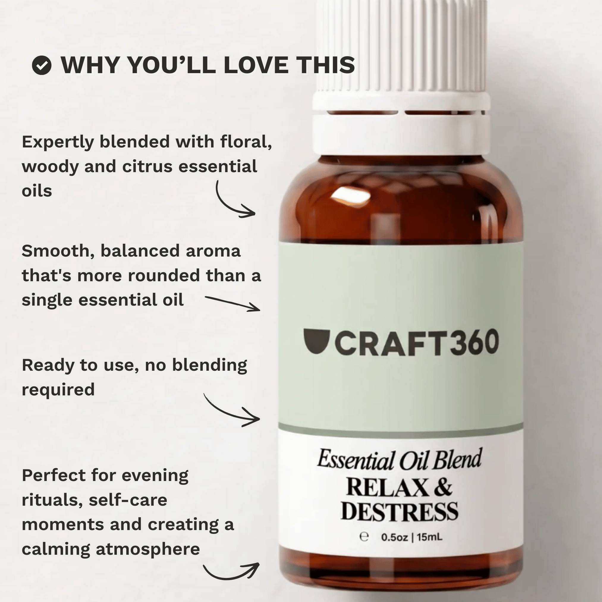 Infographic highlighting why customers love the Relax & Destress Essential Oil Blend for relaxation and aromatherapy.