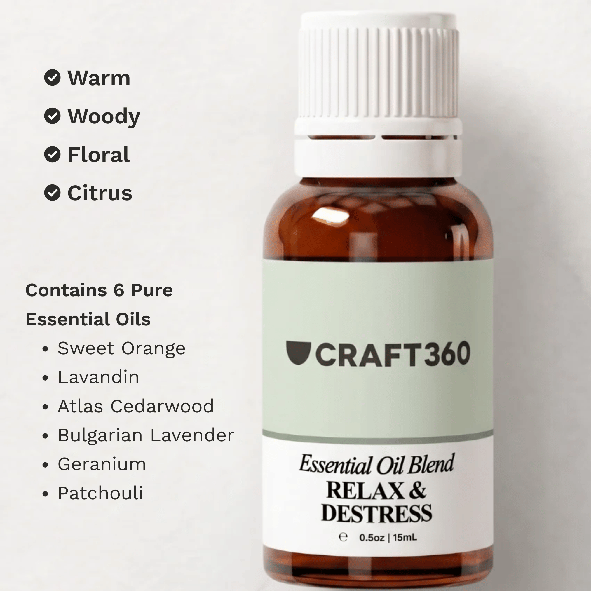 Overview of the Relax & Destress Essential Oil Blend, including its aroma profile, ingredients and common uses.