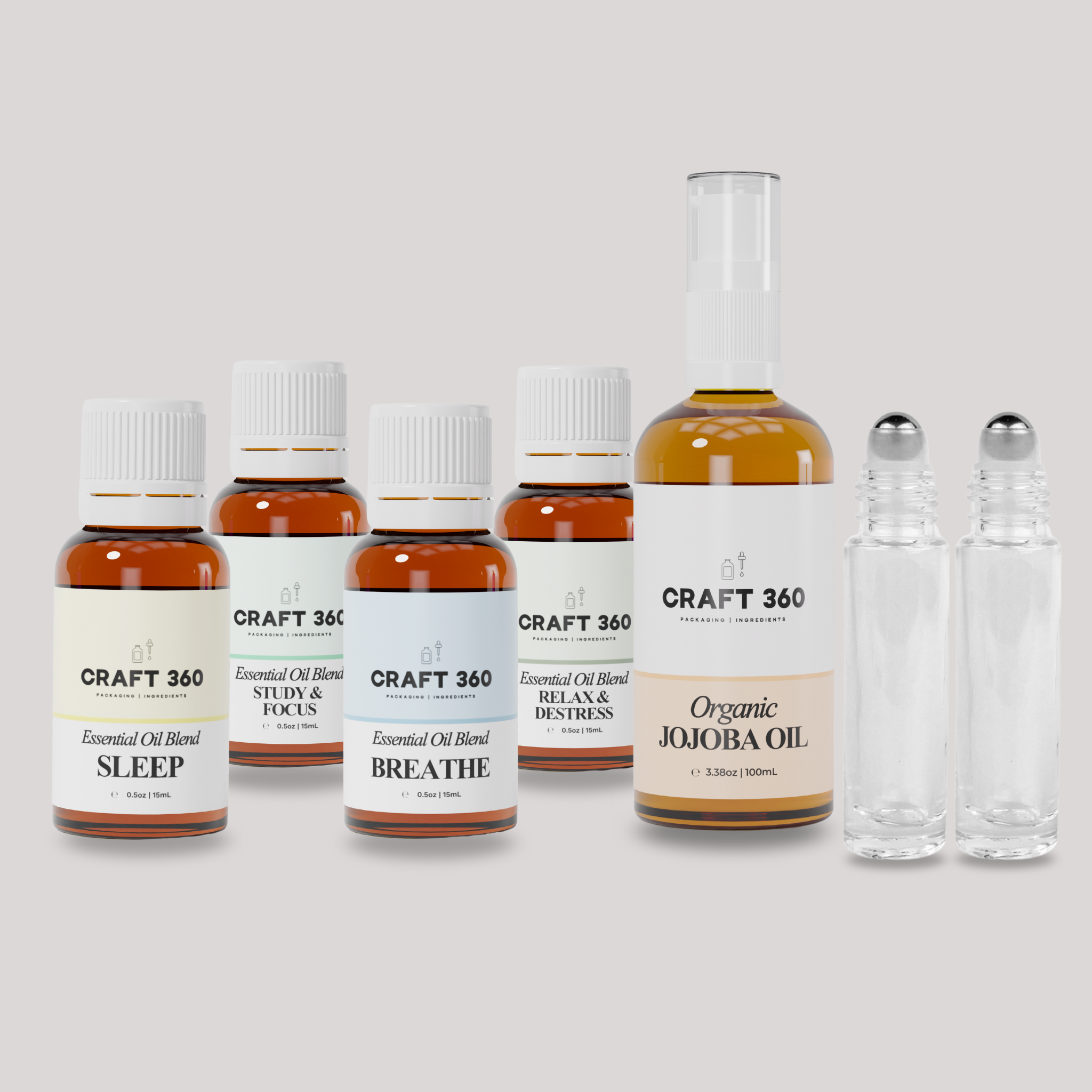 Collection of Craft 360 essential oils and carrier oil for roll on application.