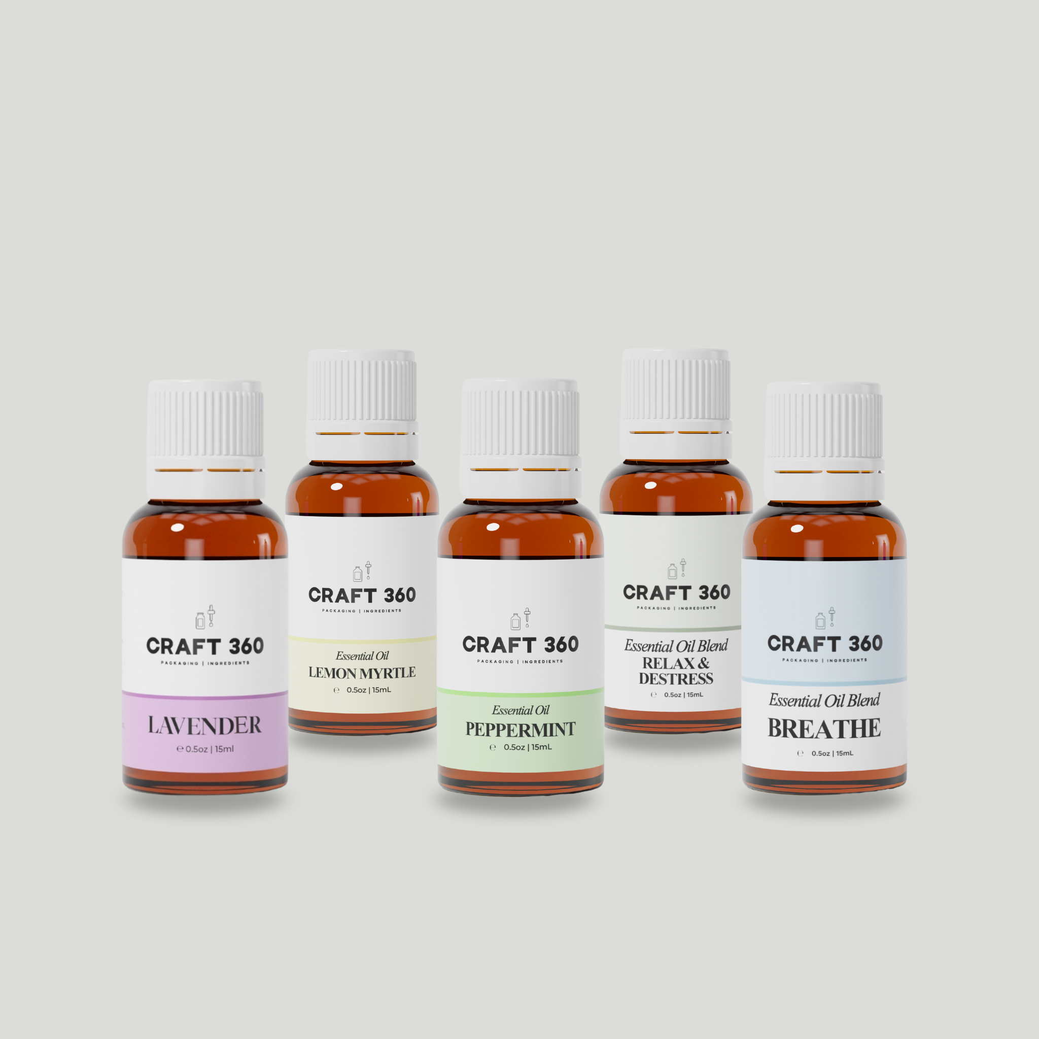 A collection of 5 bottles of Essential Oils from Craft 360 for daily use.