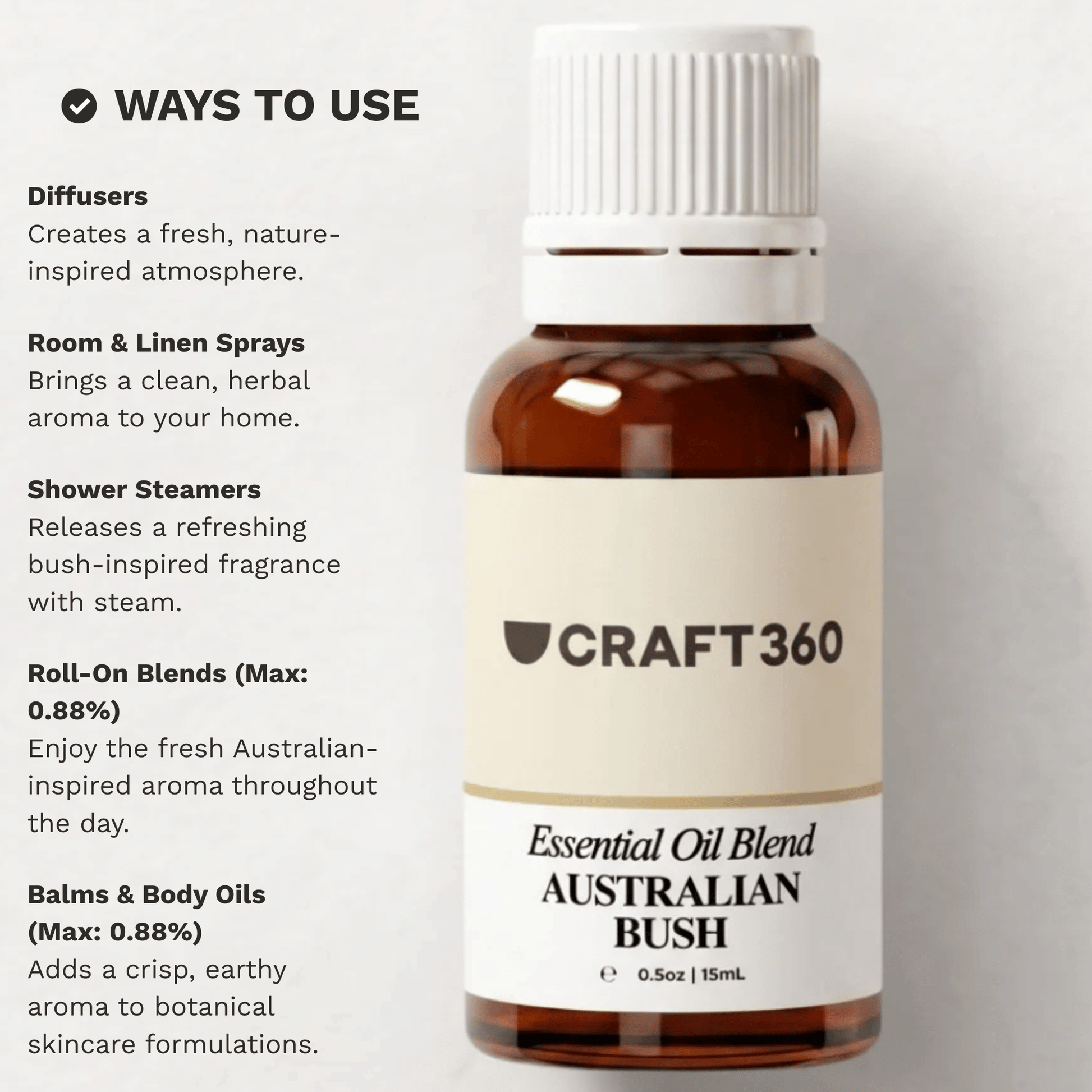 Infographic showing common ways to use the Australian Bush Blend Essential Oil in aromatherapy and daily routines.