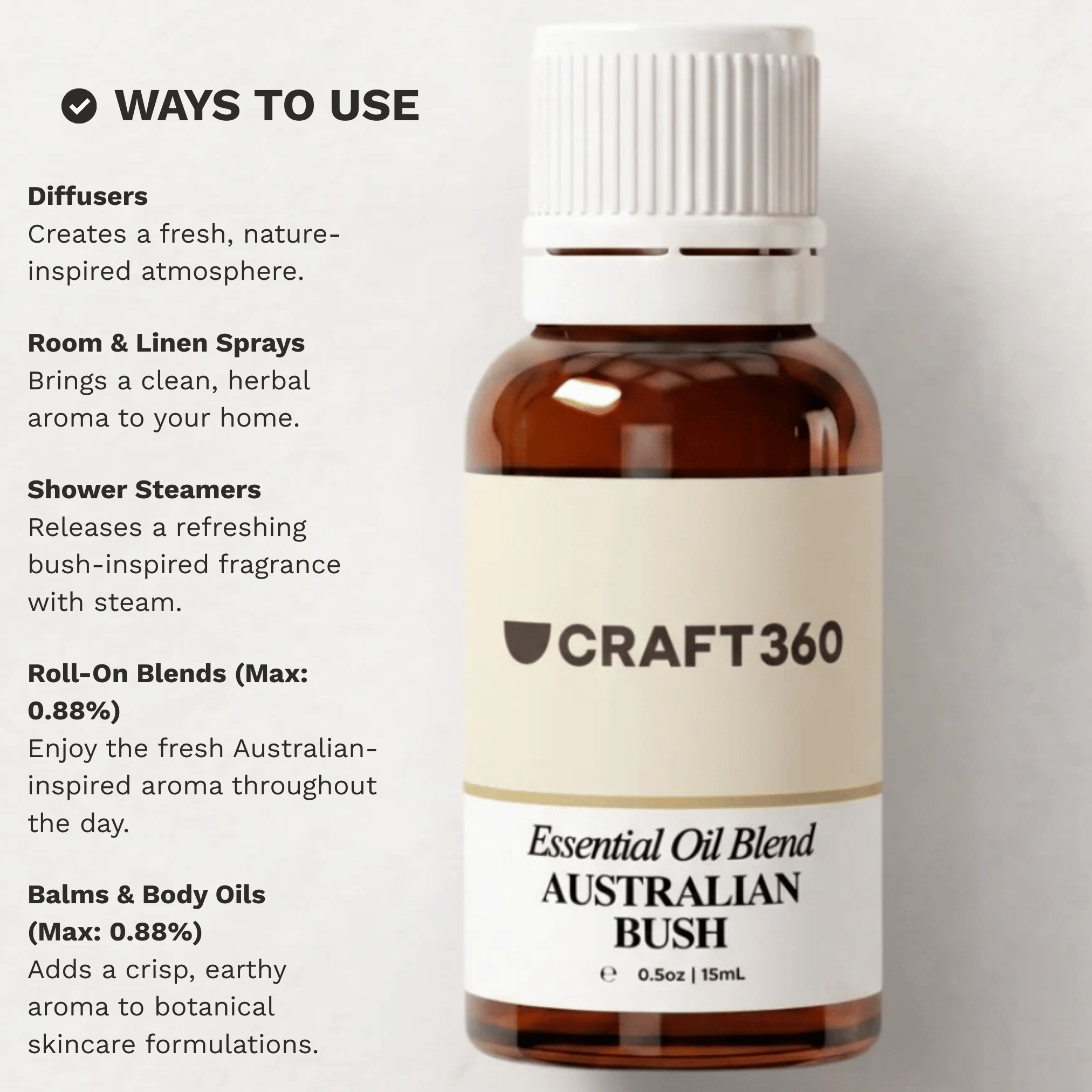 Infographic showing common ways to use the Australian Bush Blend Essential Oil in aromatherapy and daily routines.