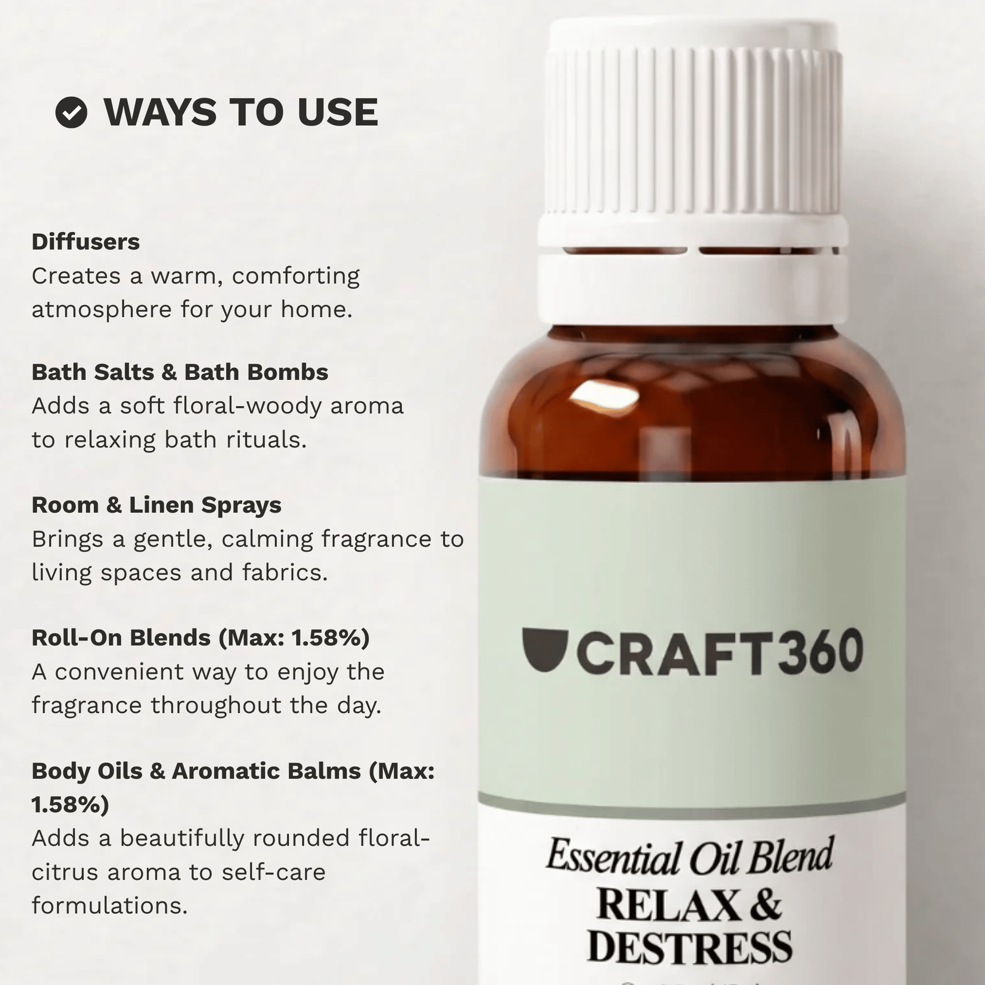 Infographic showing common ways to use the Relax & Destress Essential Oil Blend in aromatherapy and relaxation routines.