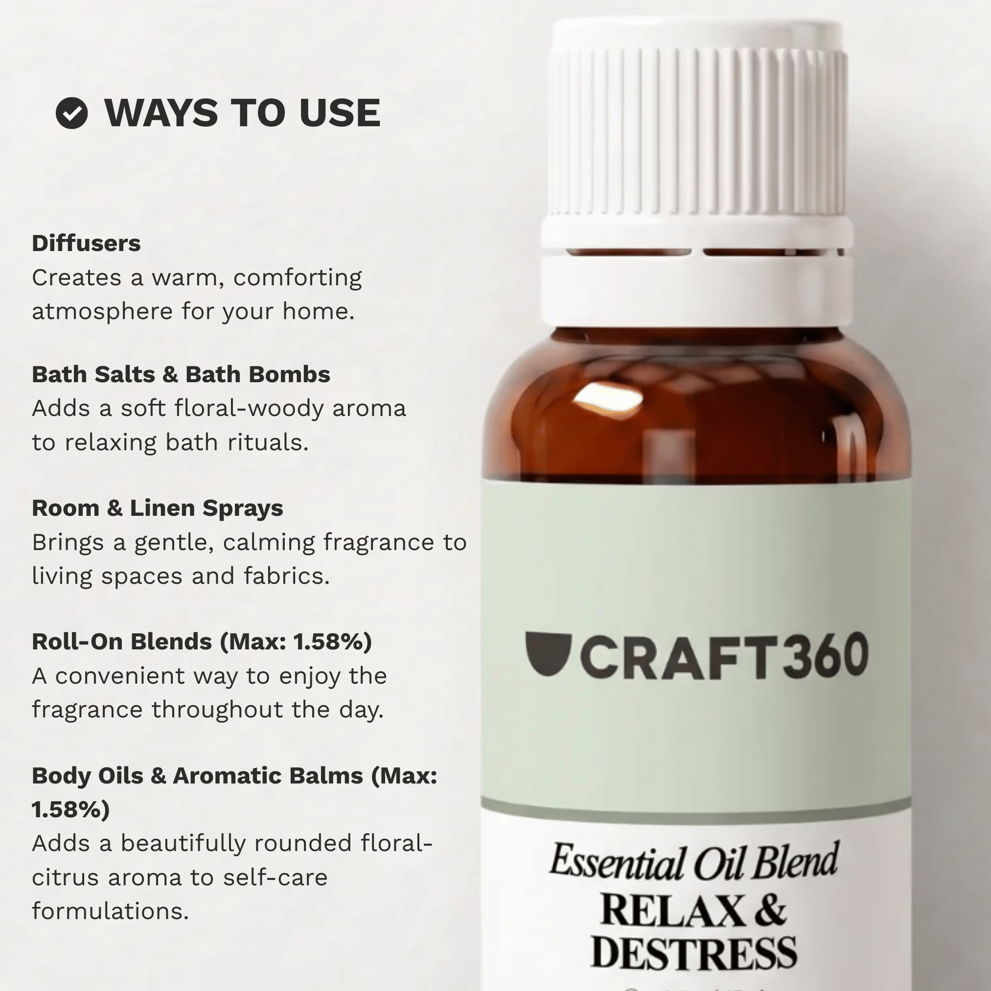 Infographic showing common ways to use the Relax & Destress Essential Oil Blend in aromatherapy and relaxation routines.
