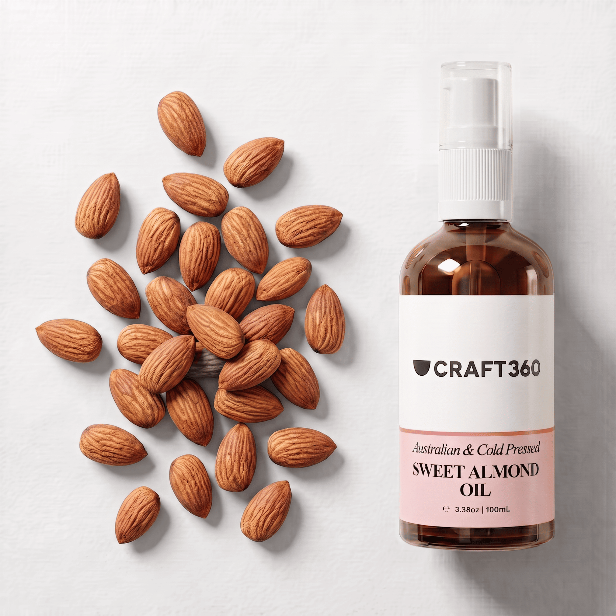 Australian Sweet Almond Oil displayed alongside almonds showing its natural botanical source