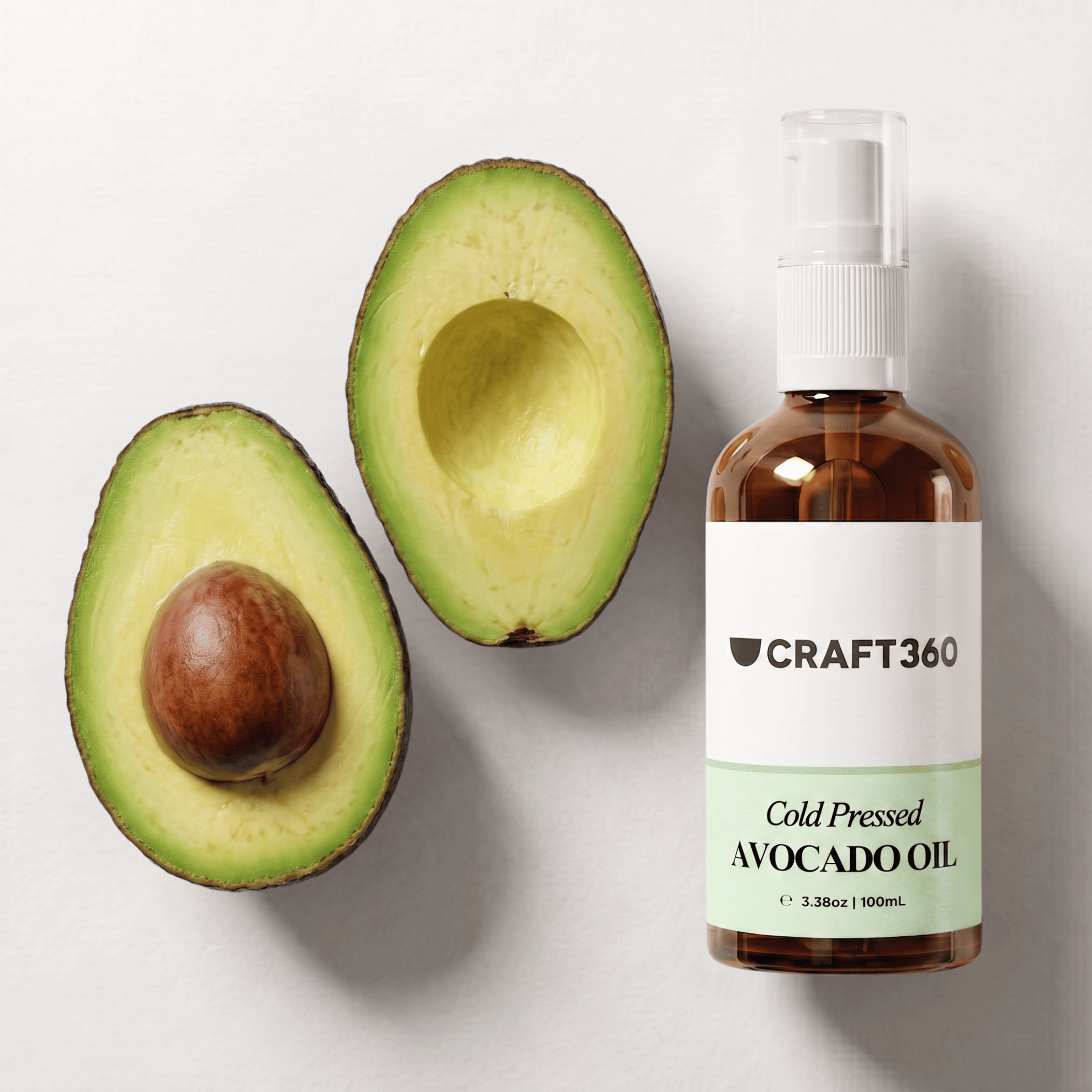 Avocado Oil displayed alongside fresh avocado showing its natural botanical source