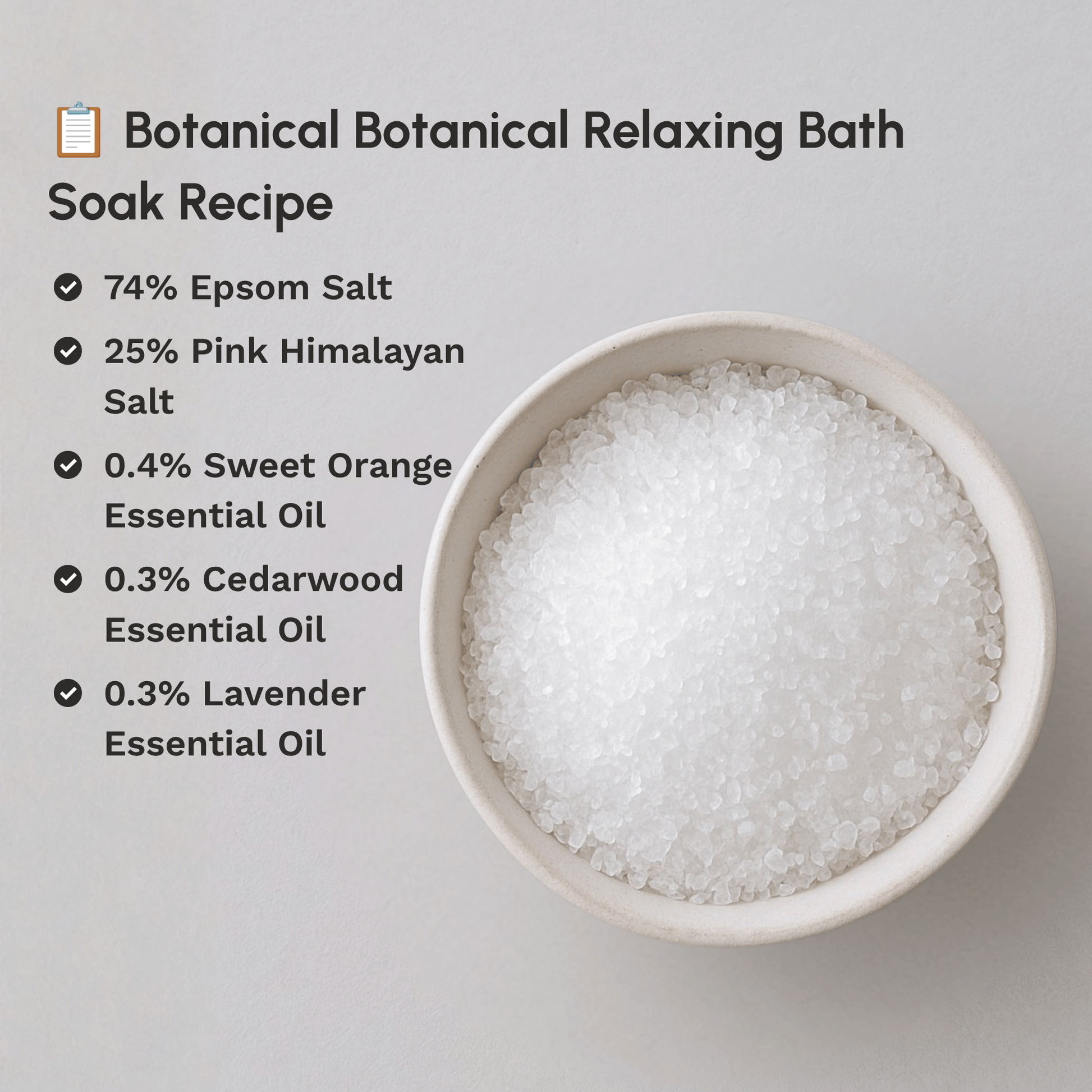 Botanical bath soak recipe featuring Epsom Salt Magnesium Sulphate with complementary natural ingredients