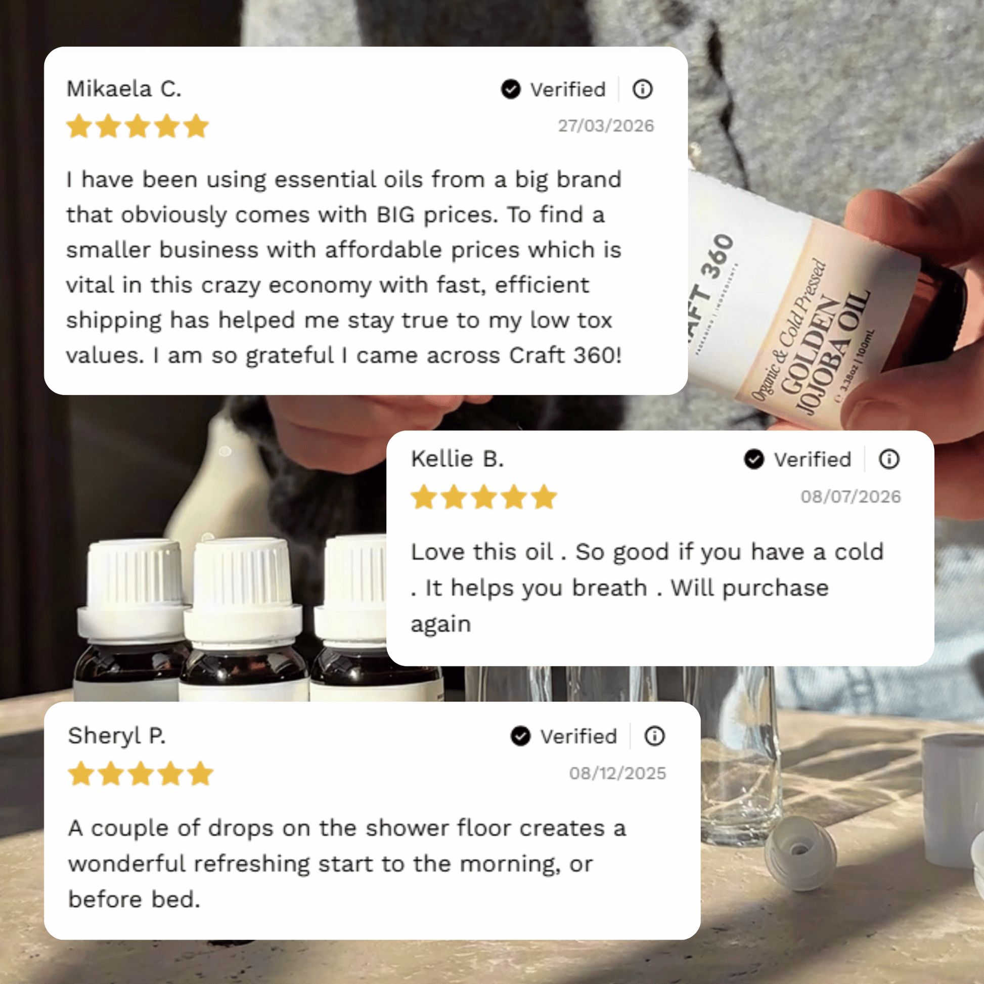 Customer reviews highlighting experiences with Craft 360's Breathe Essential Oil Blend.