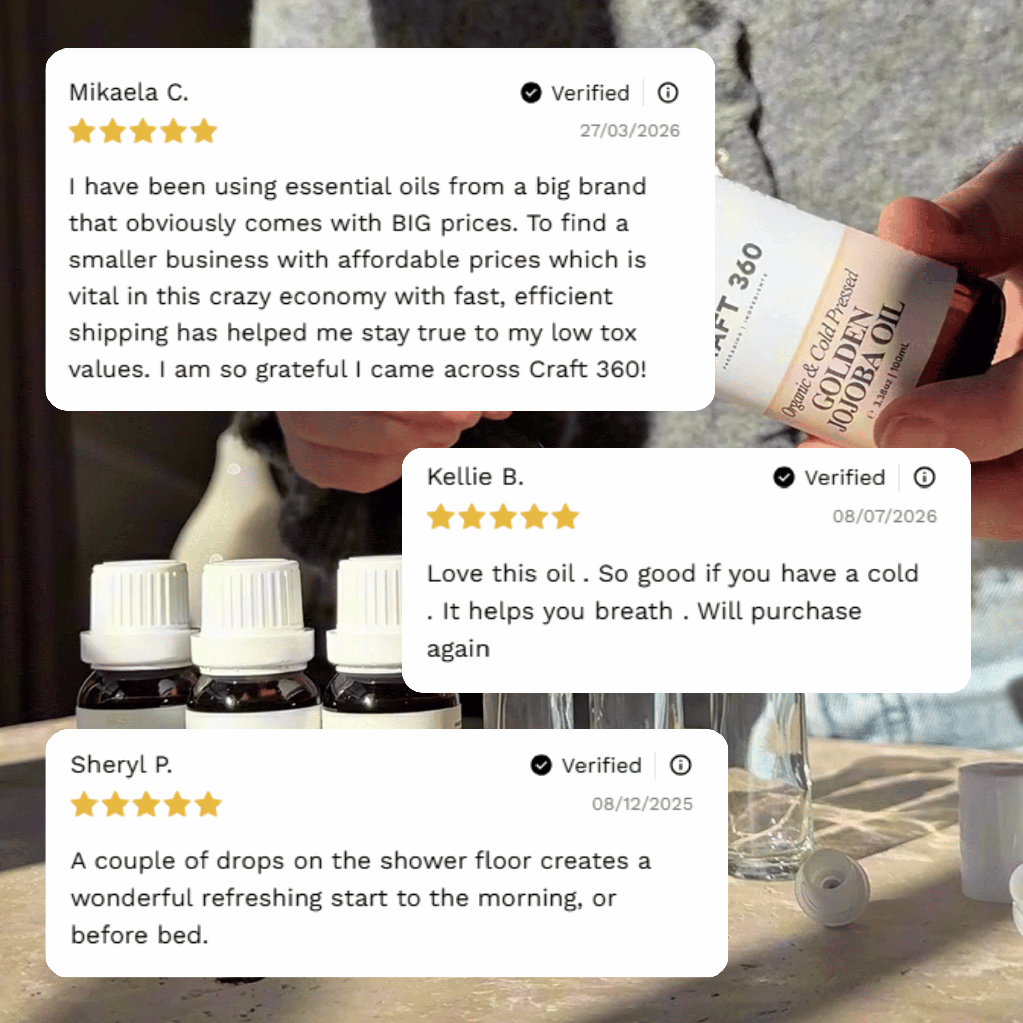 Customer reviews highlighting experiences with Craft 360's Breathe Essential Oil Blend.