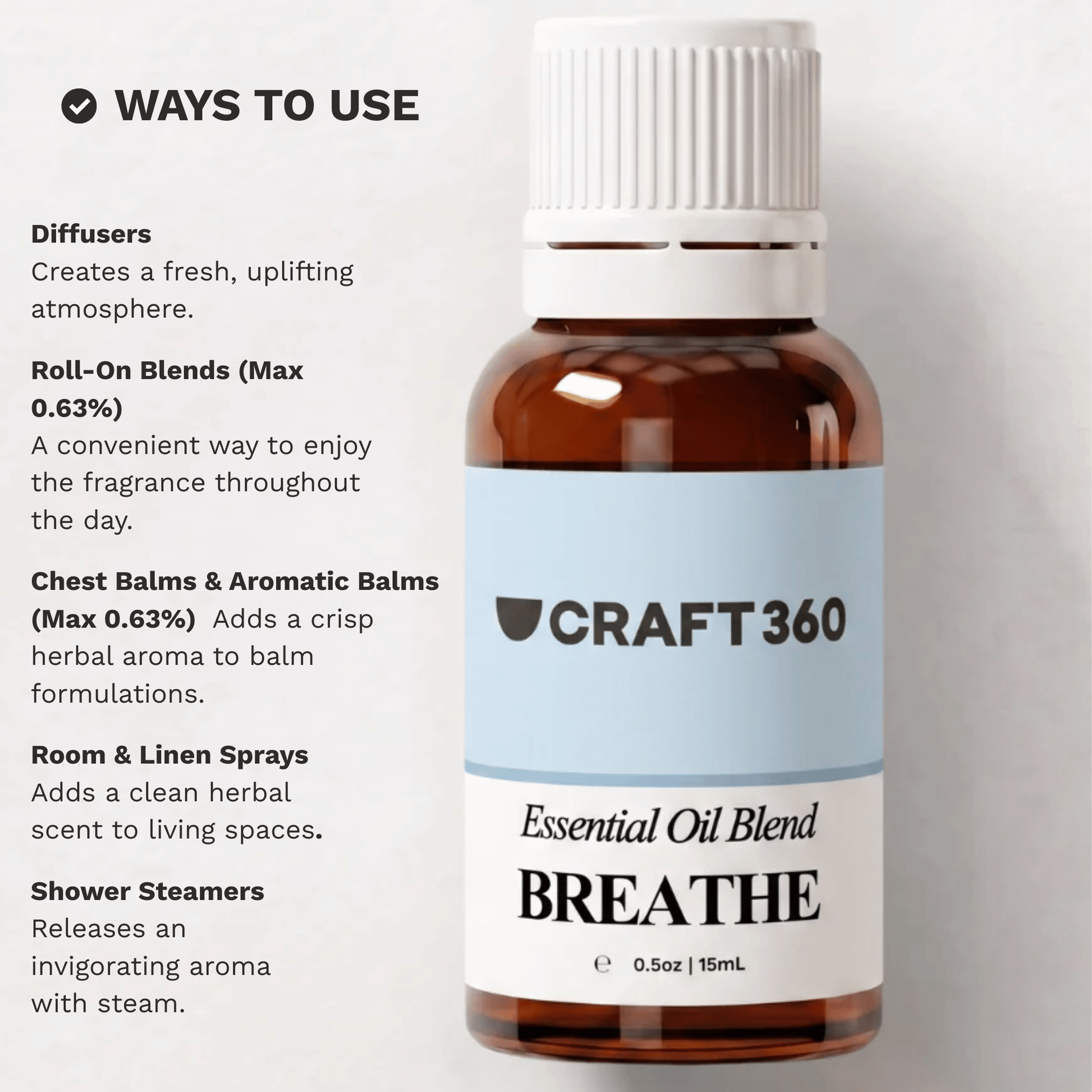 Infographic showing common ways to use the Breathe Essential Oil Blend in aromatherapy and daily routines.
