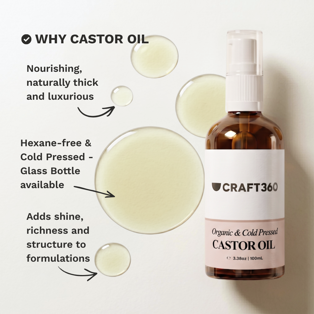 Craft360 Organic & Cold Pressed Castor Oil bottle shown next to several translucent oil droplets on a clean off-white background, with text on the left explaining benefits.