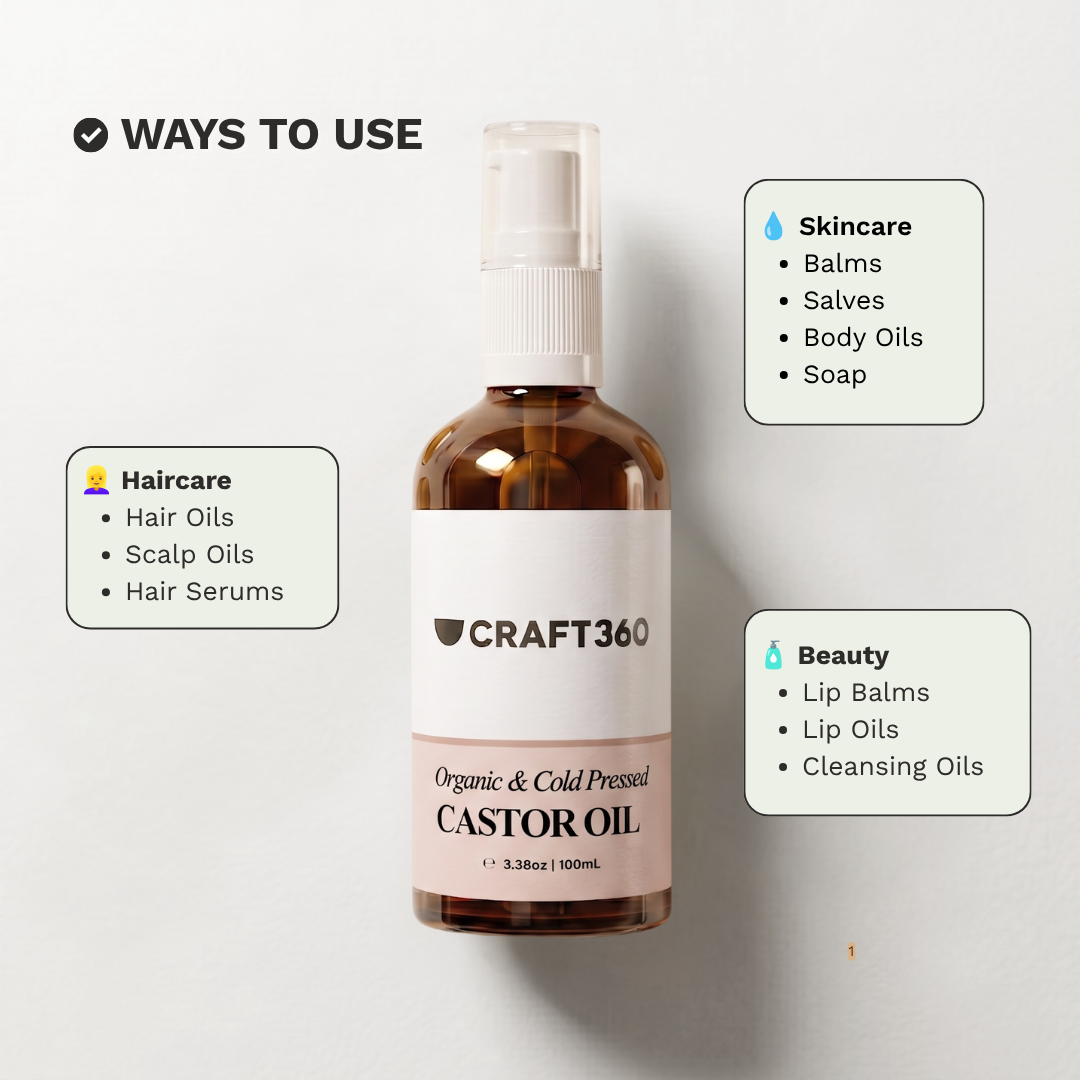A bottle of Craft360 Castor Oil centered on a light background, surrounded by usage callouts for Haircare, Skincare, and Beauty uses. The amber glass bottle has a white pump and a white label with black text.