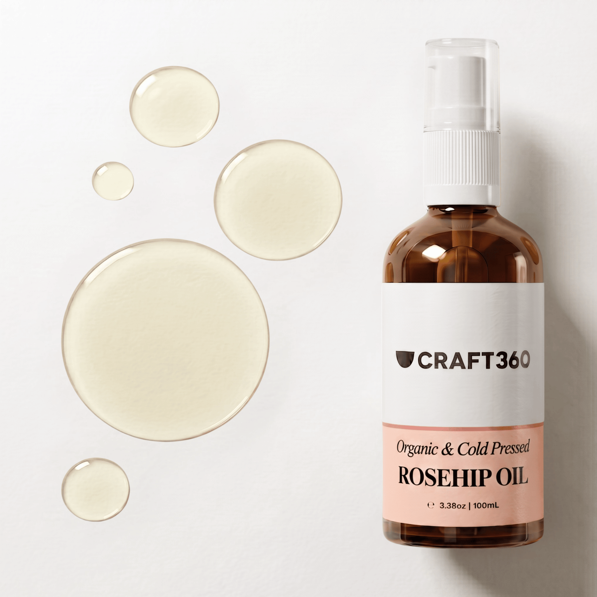 Certified Organic Rosehip Oil in a Craft 360 amber glass pump bottle