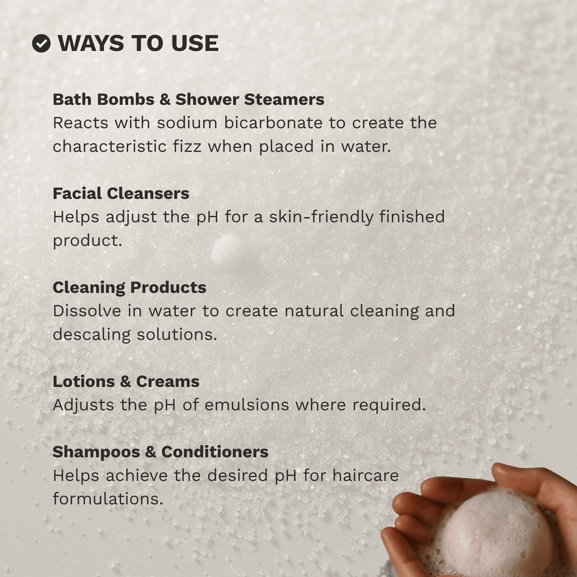 Infographic showing common ways to use Citric Acid in bath bombs, cleaning and DIY formulations.