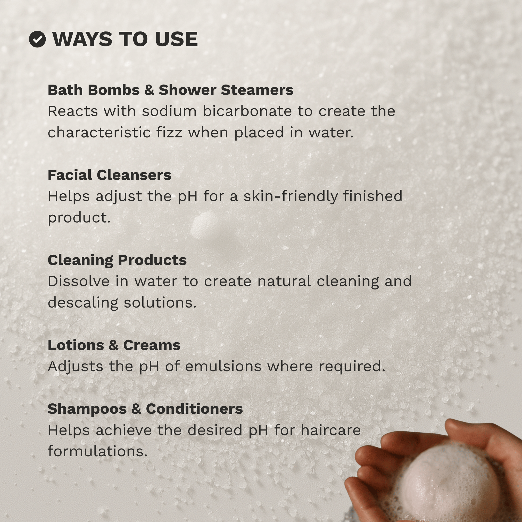 Infographic showing common ways to use Citric Acid in bath bombs, cleaning and DIY formulations.