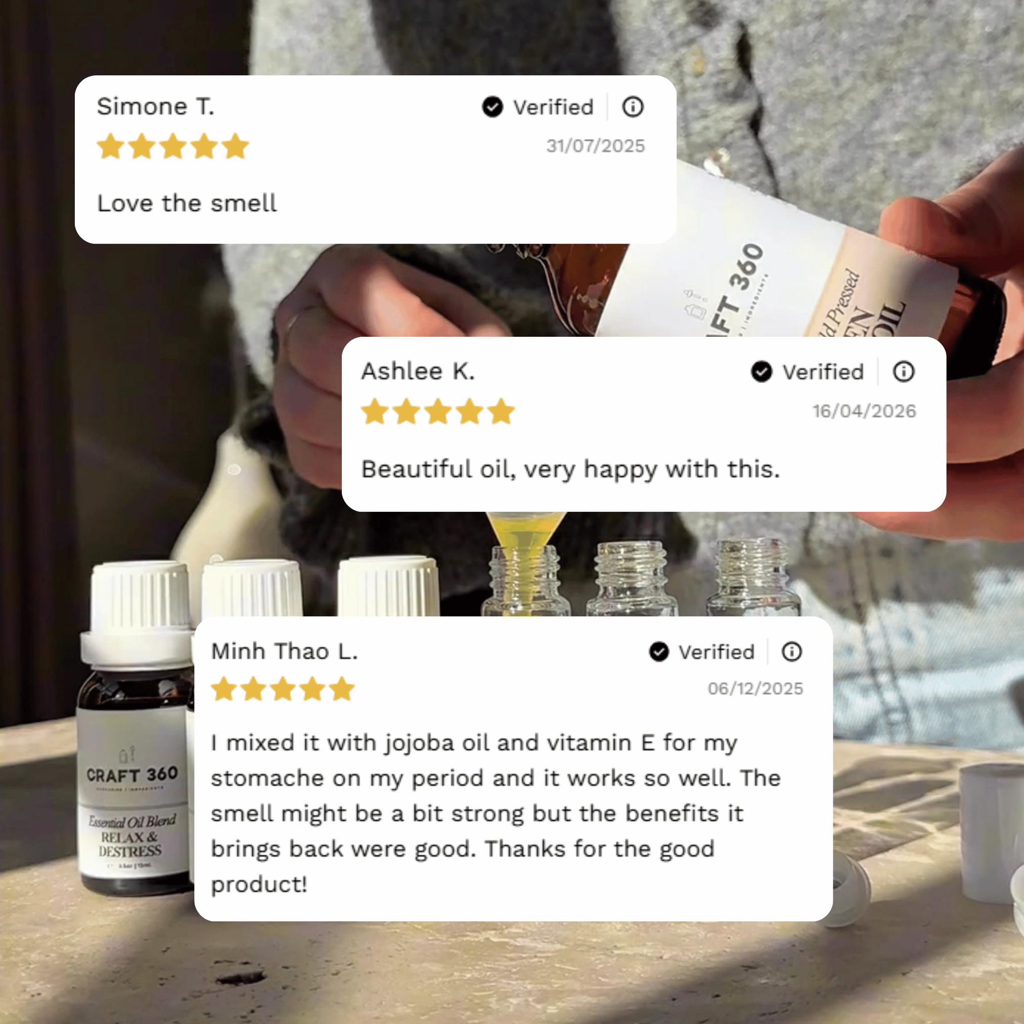 Customer reviews highlighting experiences with Craft 360's Clary Sage Essential Oil.