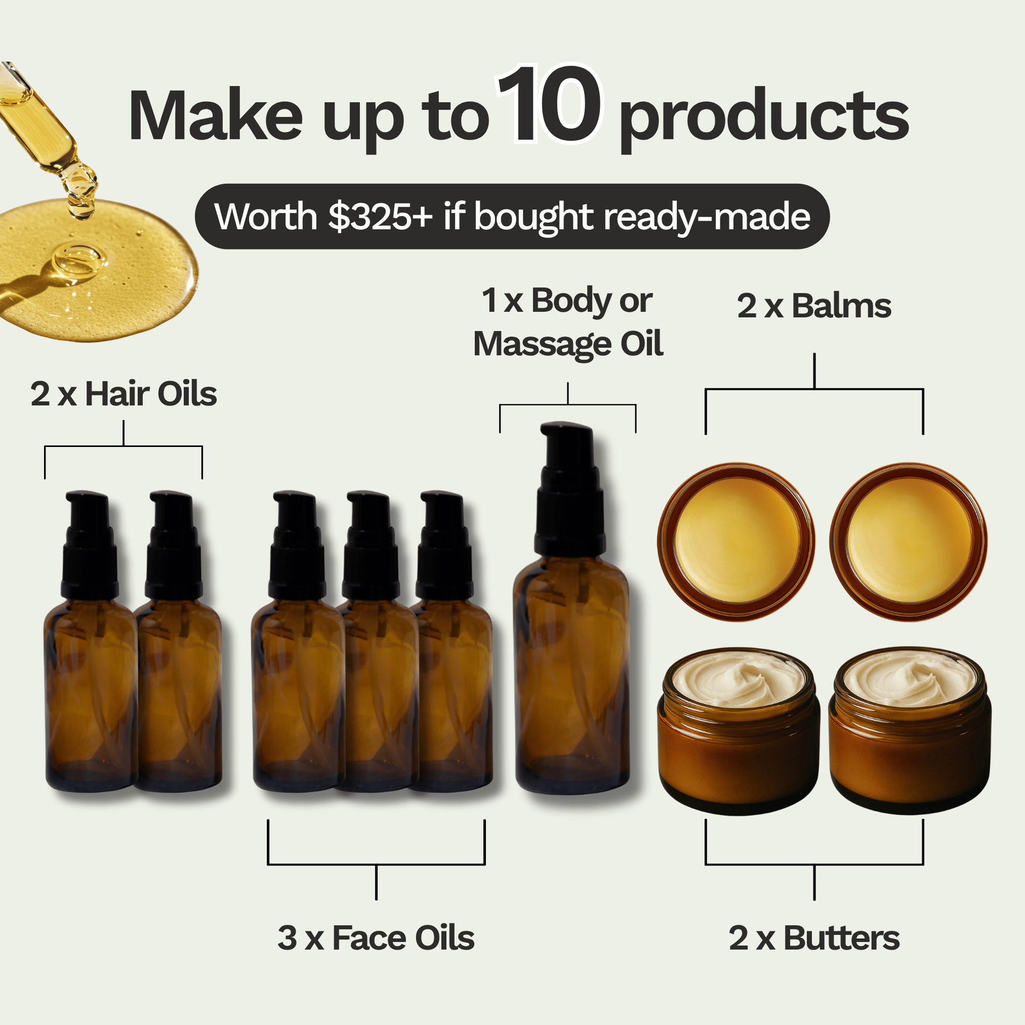 Examples of up to 10 products the DIY skincare kit can make, including face oils, hair oils, body oil, balms and butters
