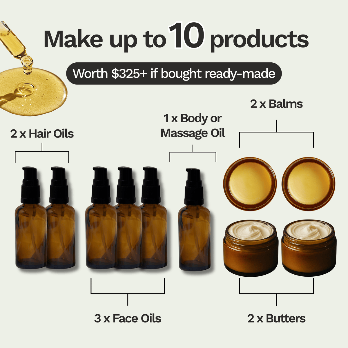 Examples of up to 10 products the DIY skincare kit can make, including face oils, hair oils, body oil, balms and butters