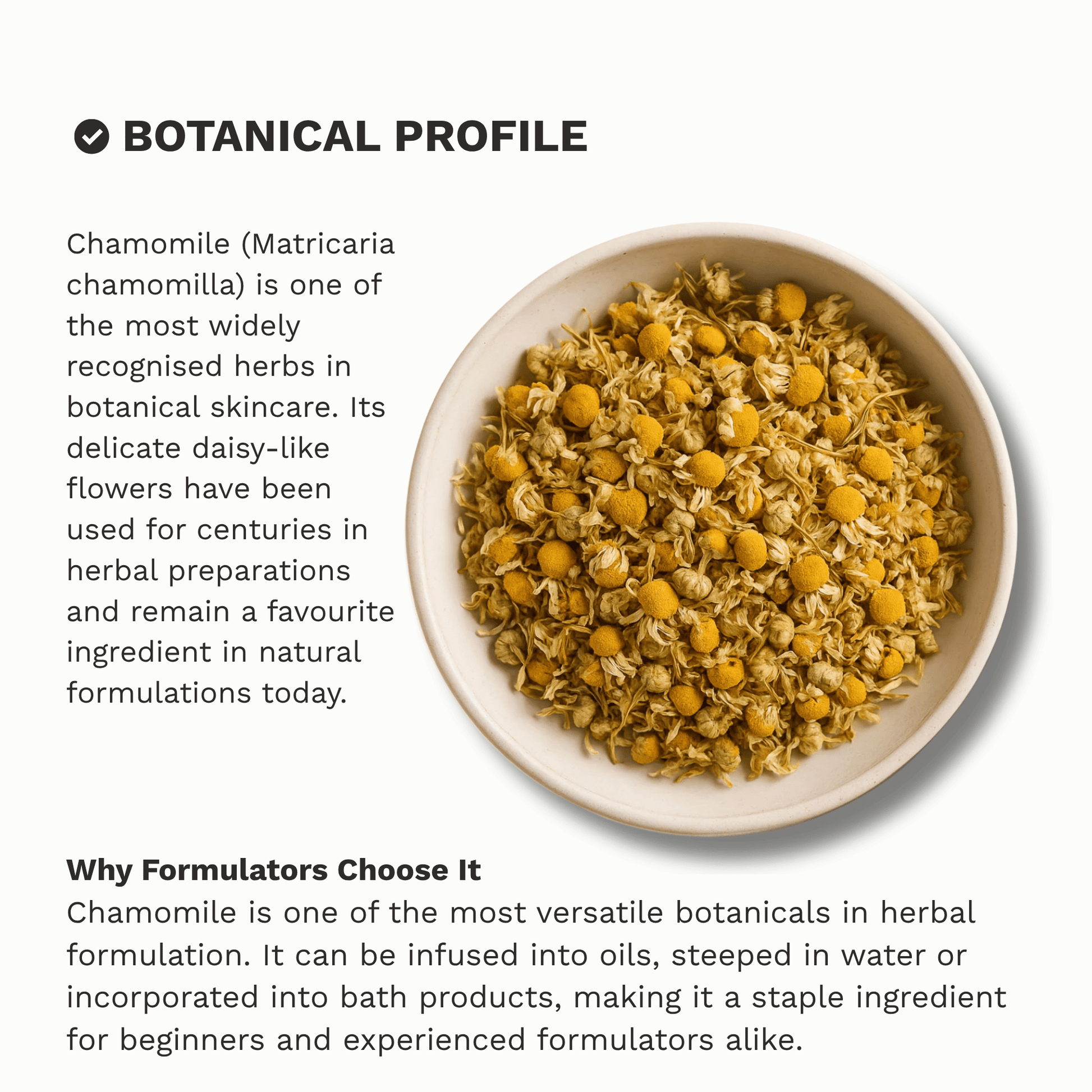Infographic outlining the key properties and characteristics of Organic Dried Chamomile Flowers