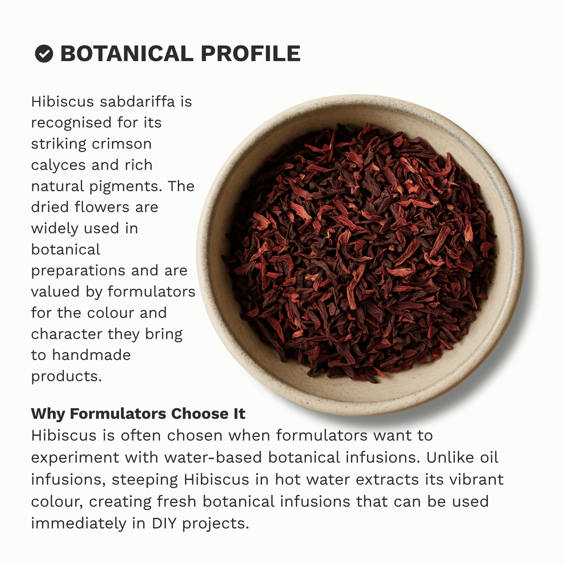 Infographic outlining the key properties and characteristics of Organic Dried Hibiscus Flowers