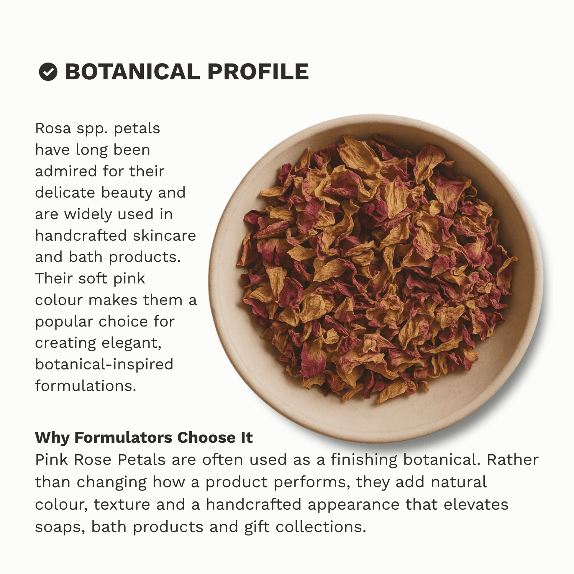 Infographic outlining the key properties and characteristics of Organic Dried Pink Rose Petals