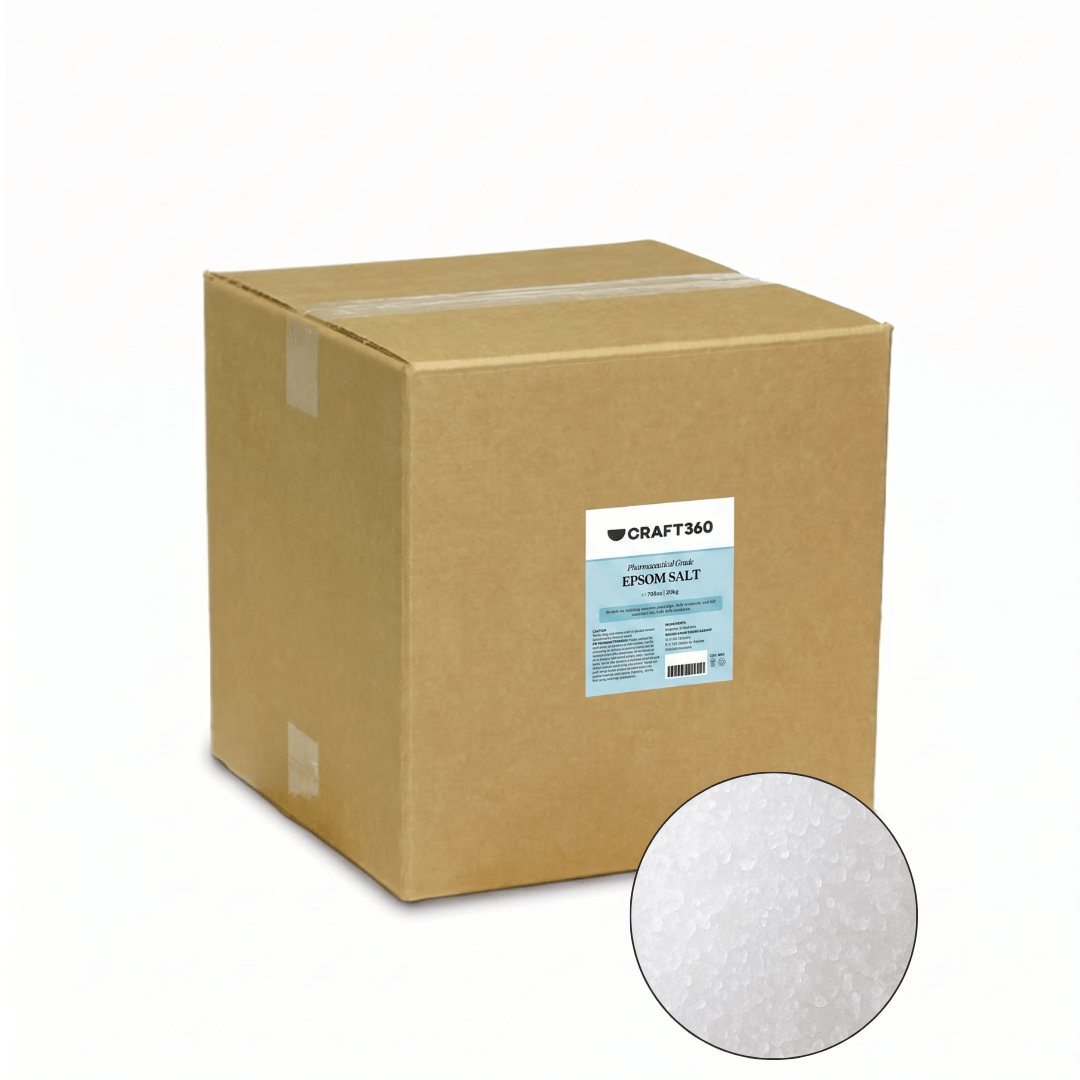 20 kg bulk box of Epsom Salt Magnesium Sulphate with close-up showing the white salt crystals.
