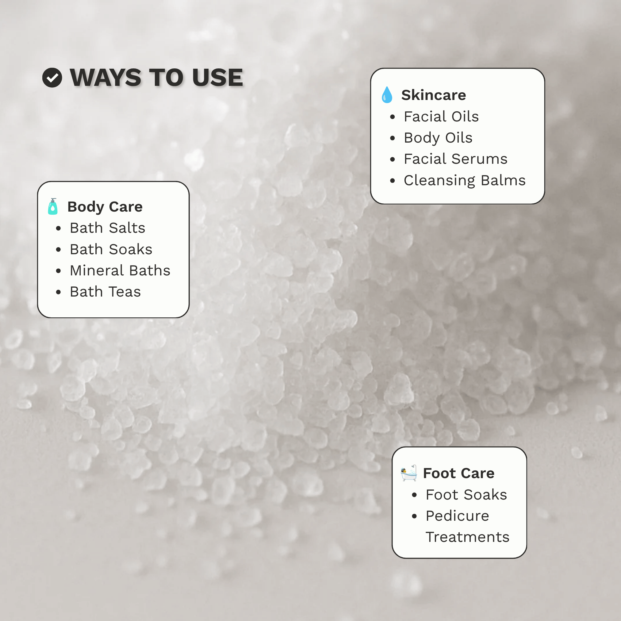 Infographic showing common bath, body care and formulation uses for Epsom Salt Magnesium Sulphate