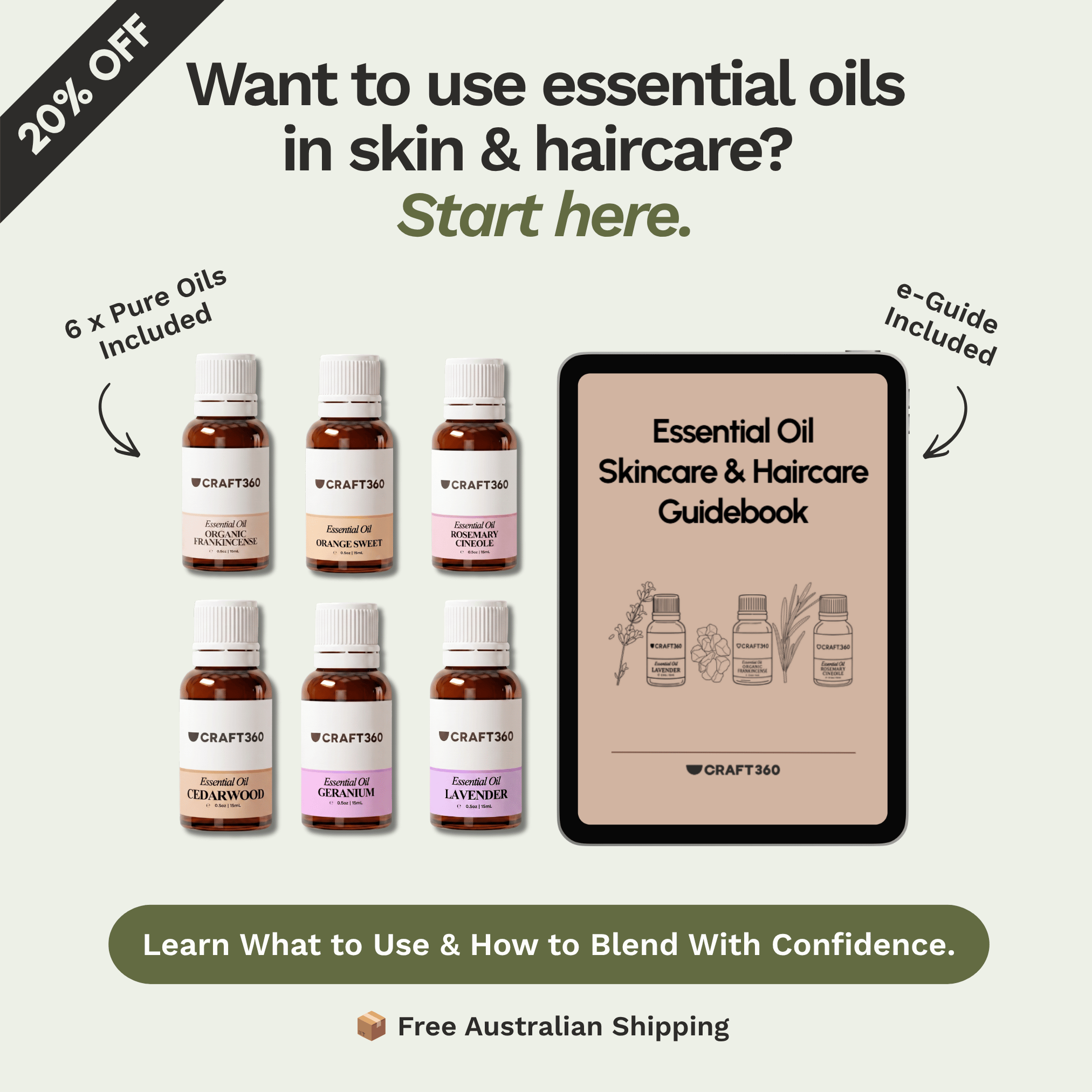 Six essential oils with guidebook for learning how to use and blend oils in skin and haircare