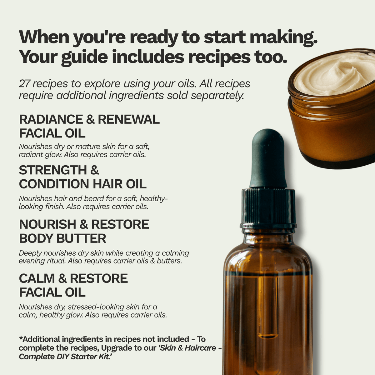 Skincare guide with essential oil recipes for facial oils, hair oil and body butter