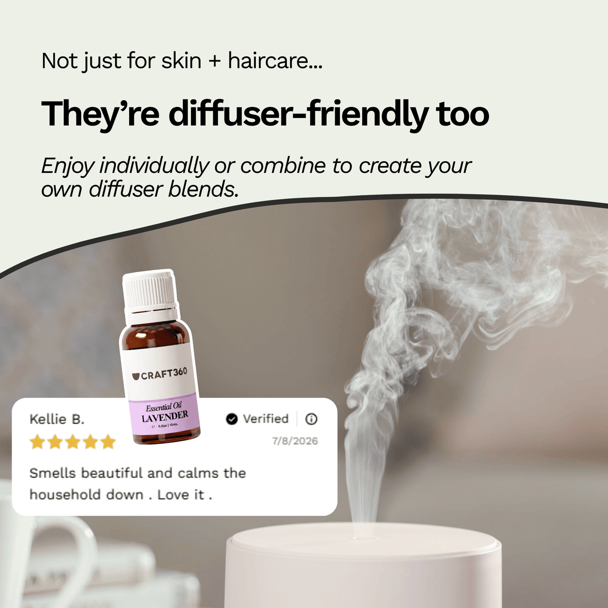 Lavender essential oil beside a diffuser showing the oils can be used for skincare and diffusing