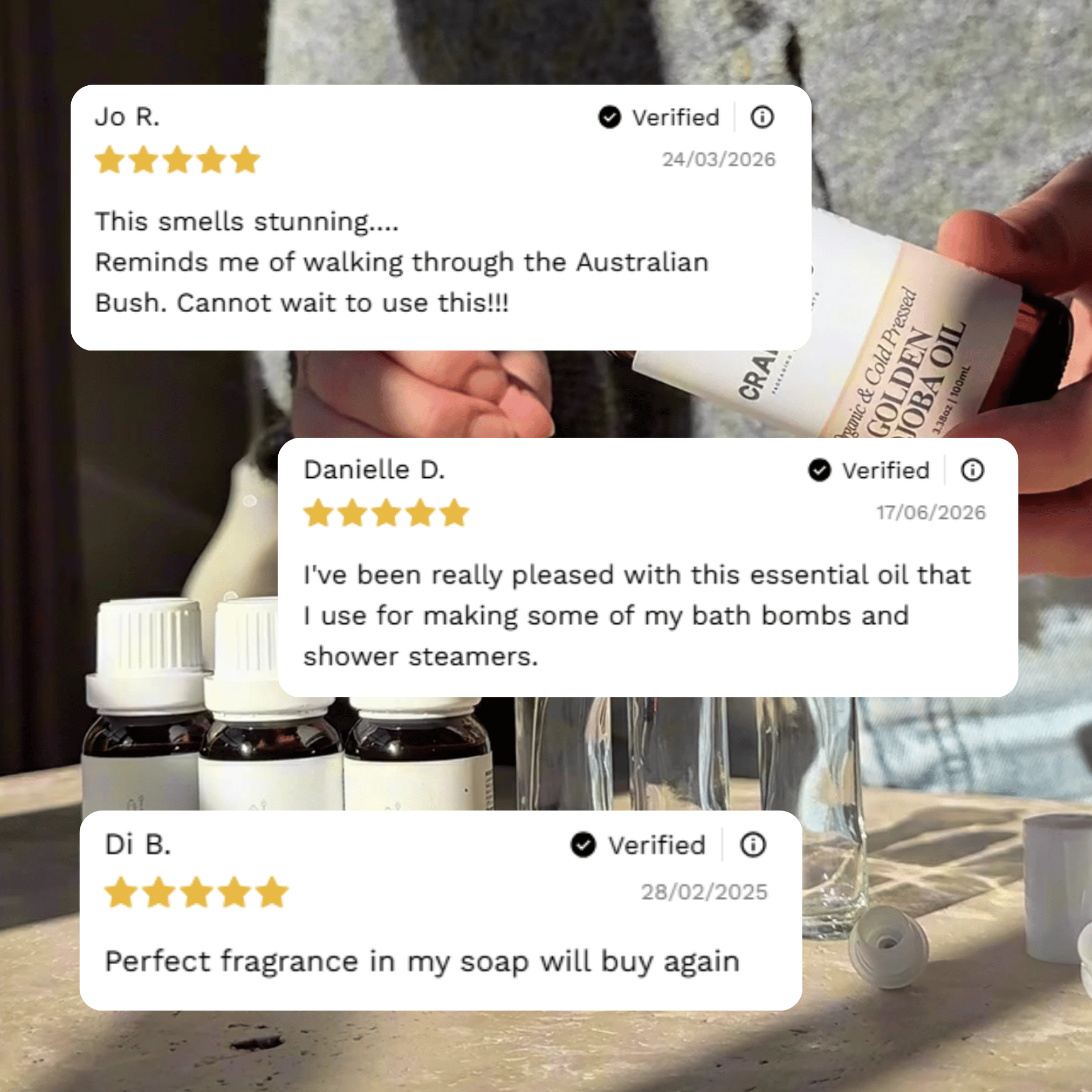 Customer reviews highlighting experiences with Craft 360's Eucalyptus Essential Oil.